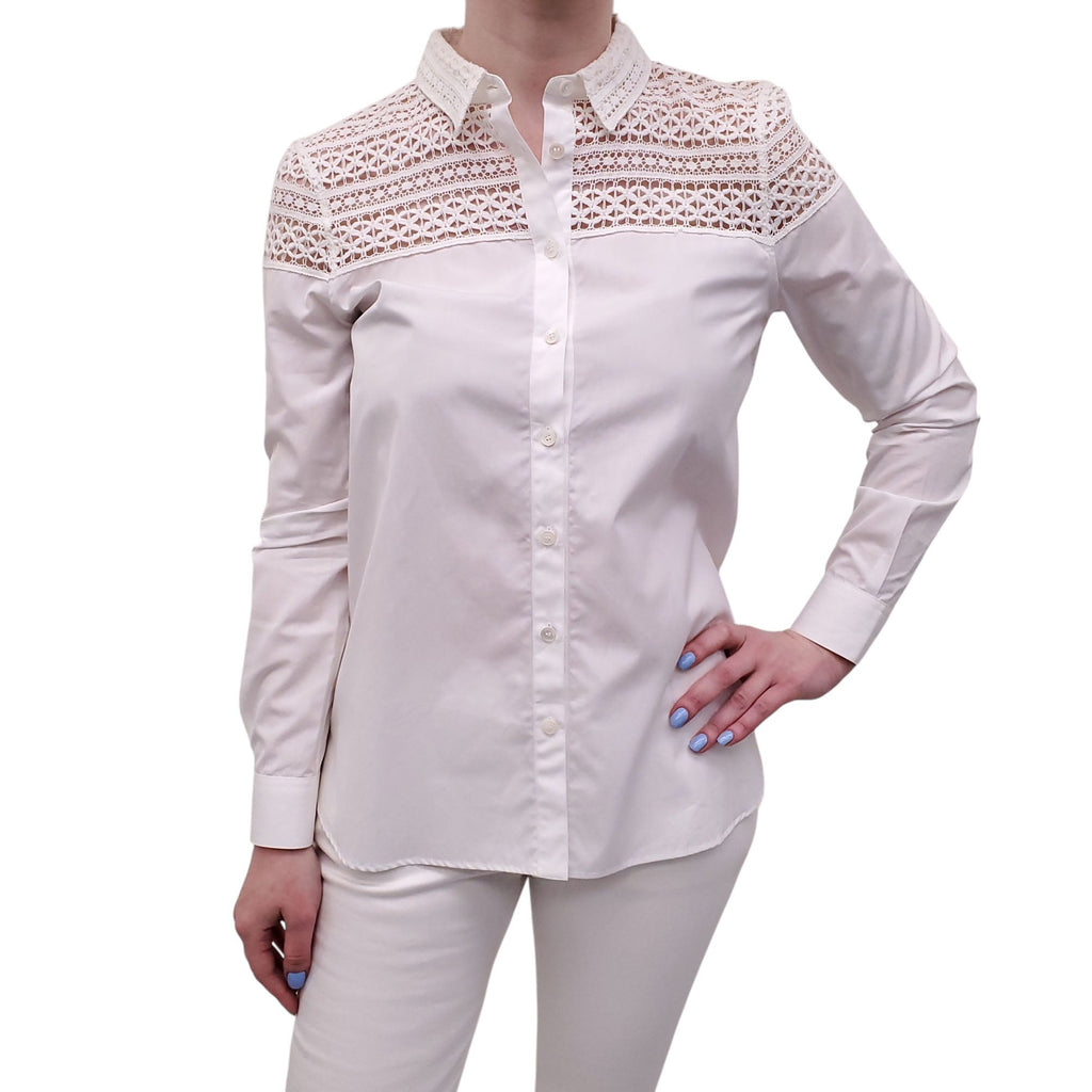 BURBERRY WHITE DRESS SHIRT WITH CROCHET LACE DETAIL - SIZE US 6
