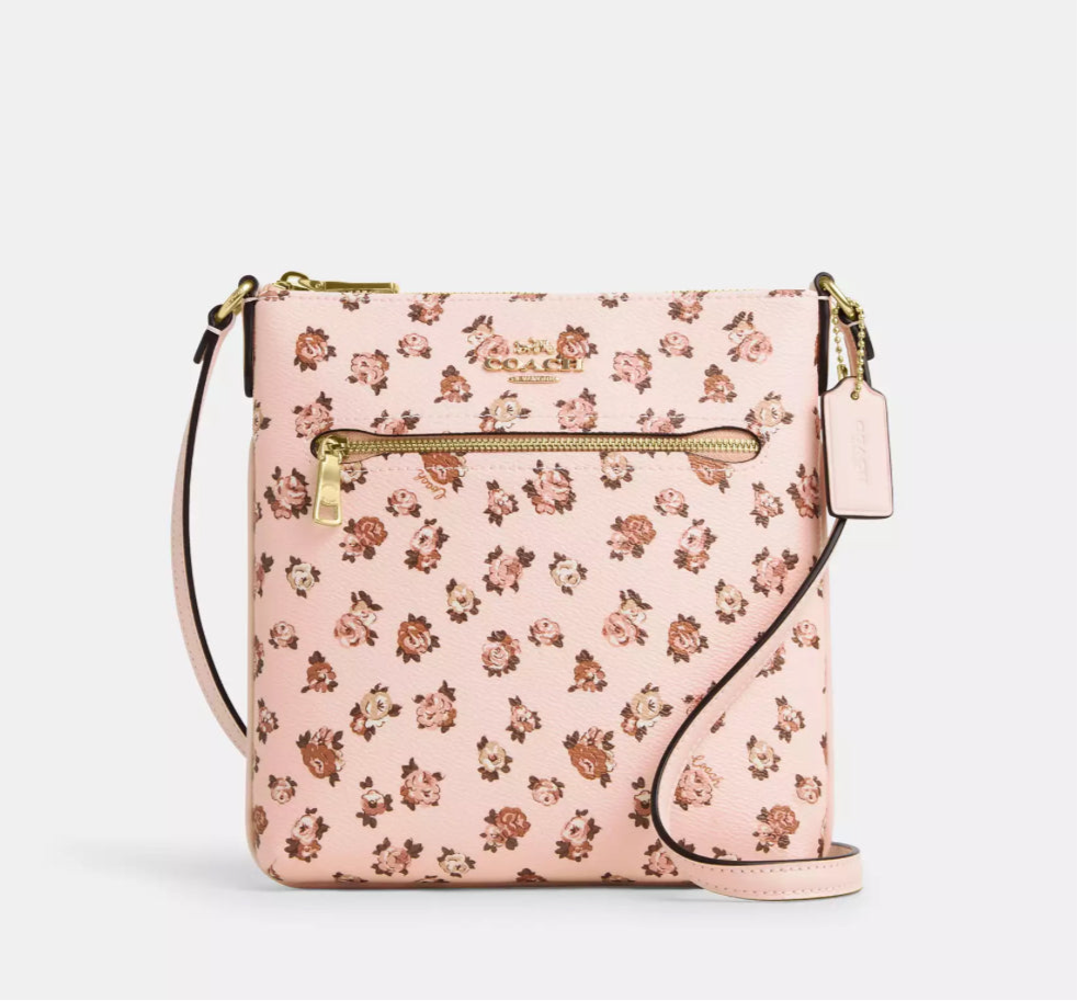 NWT Coach Mini Rowan File Bag With Rose Print In Gold/Blush