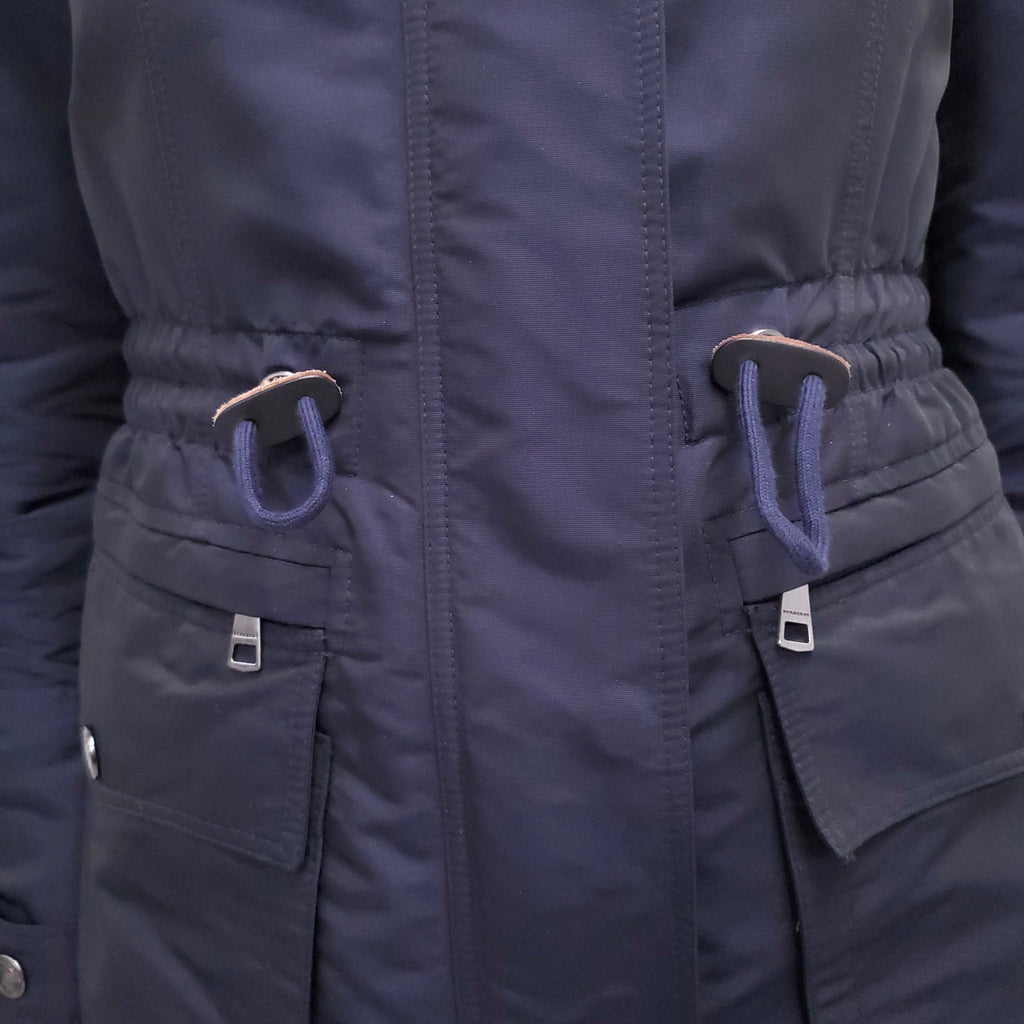BURBERRY BRIT NAVY COAT WITH FUR HOOD - SIZE 2