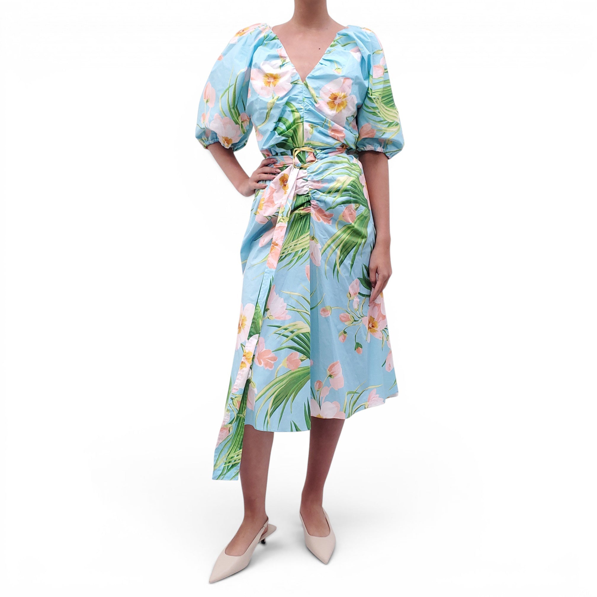 CAROLINA HERRERA BLUE PATTERNED PUFFED MIDI DRESS - SIZE 12