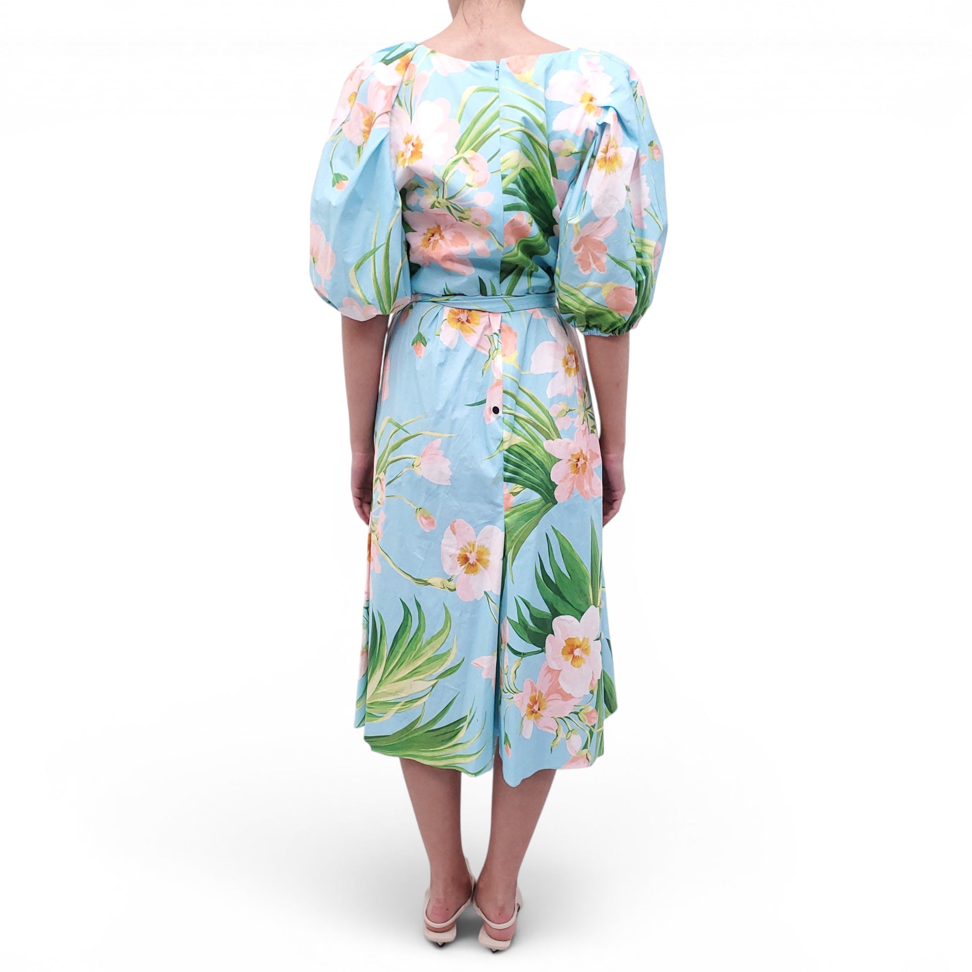 CAROLINA HERRERA BLUE PATTERNED PUFFED MIDI DRESS - SIZE 12