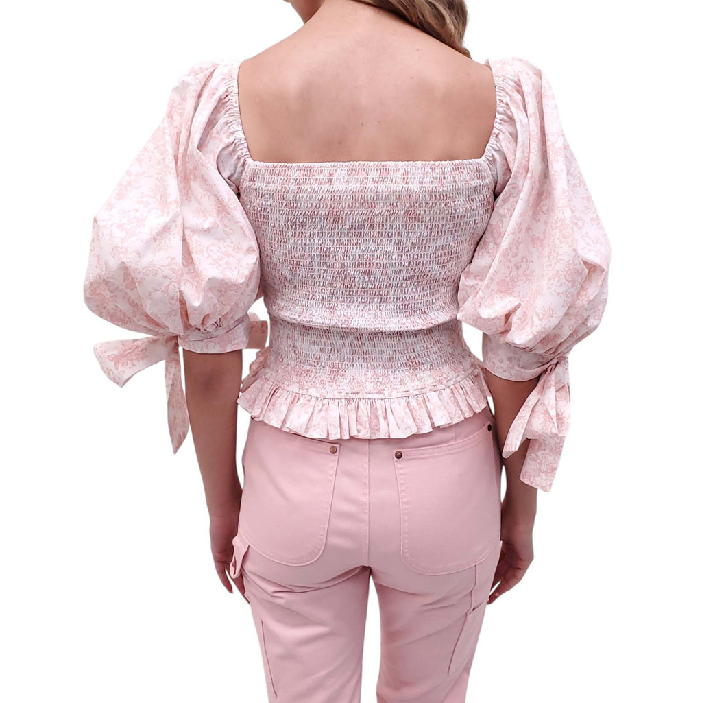 CAROLINE CONSTAS PINK PATTERNED RUCHED BUBBLE BLOUSE - SIZE S