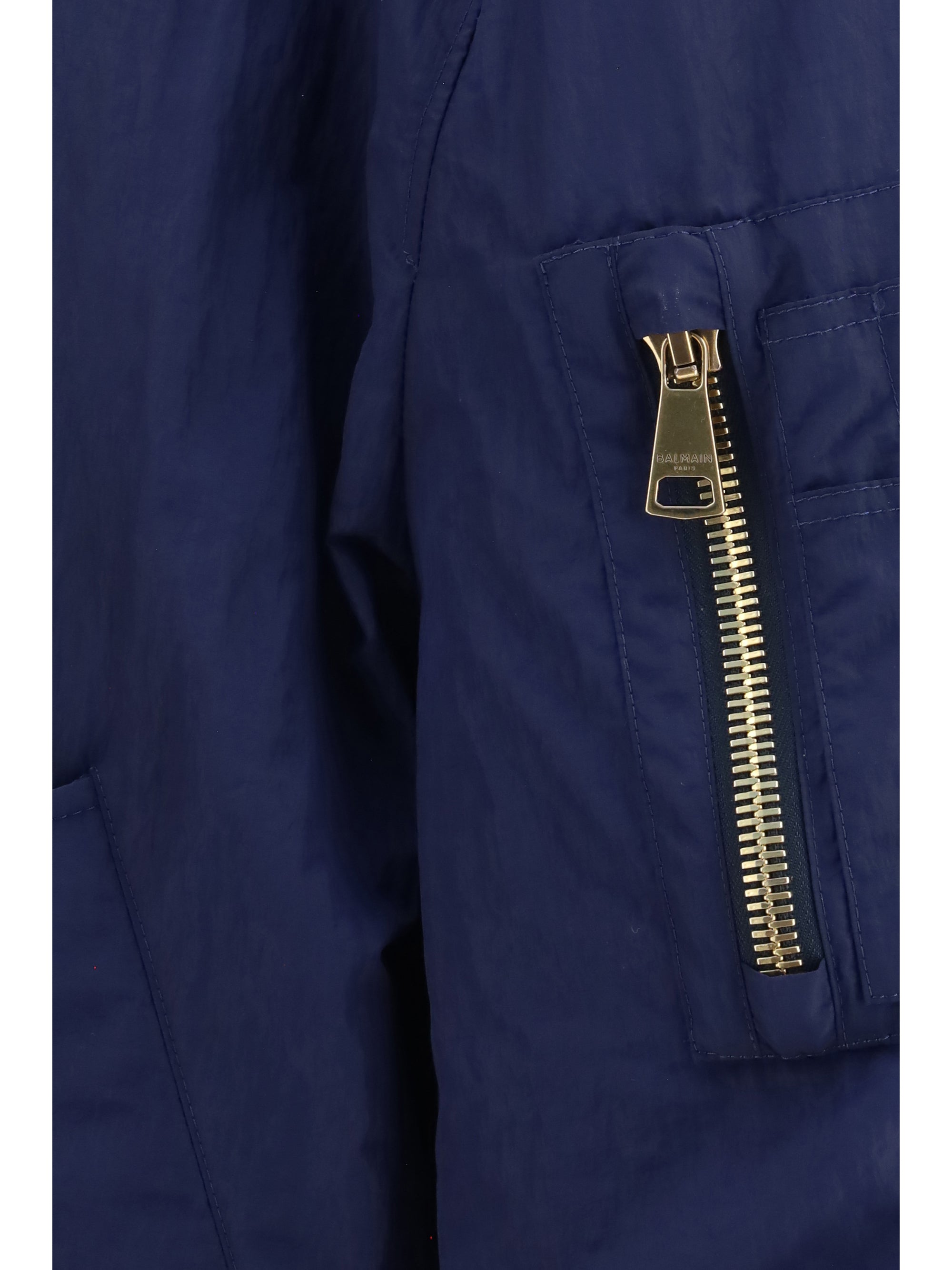Balmain Men Nylon Bomber Jacket With Embroidered Back Logo