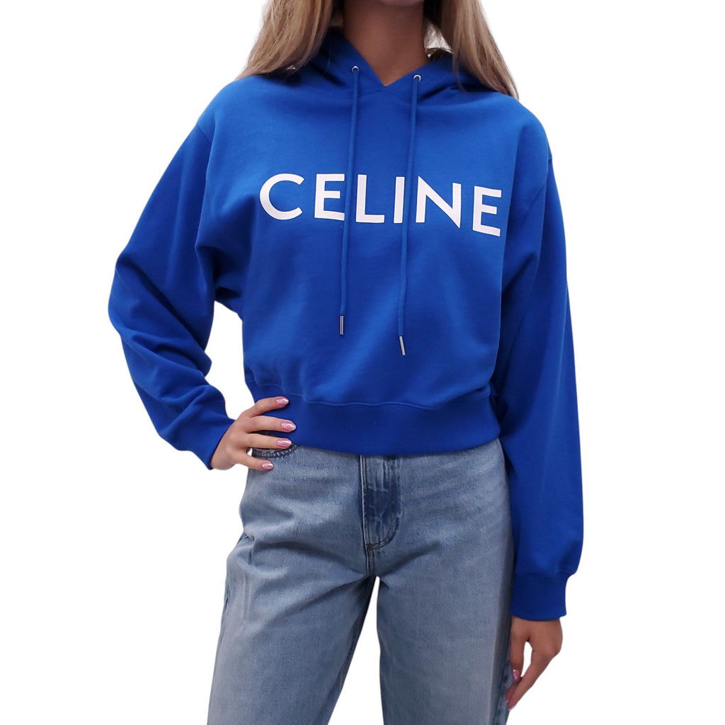 CELINE ROYAL BLUE CROPPED LOGO HOODIE - SIZE M