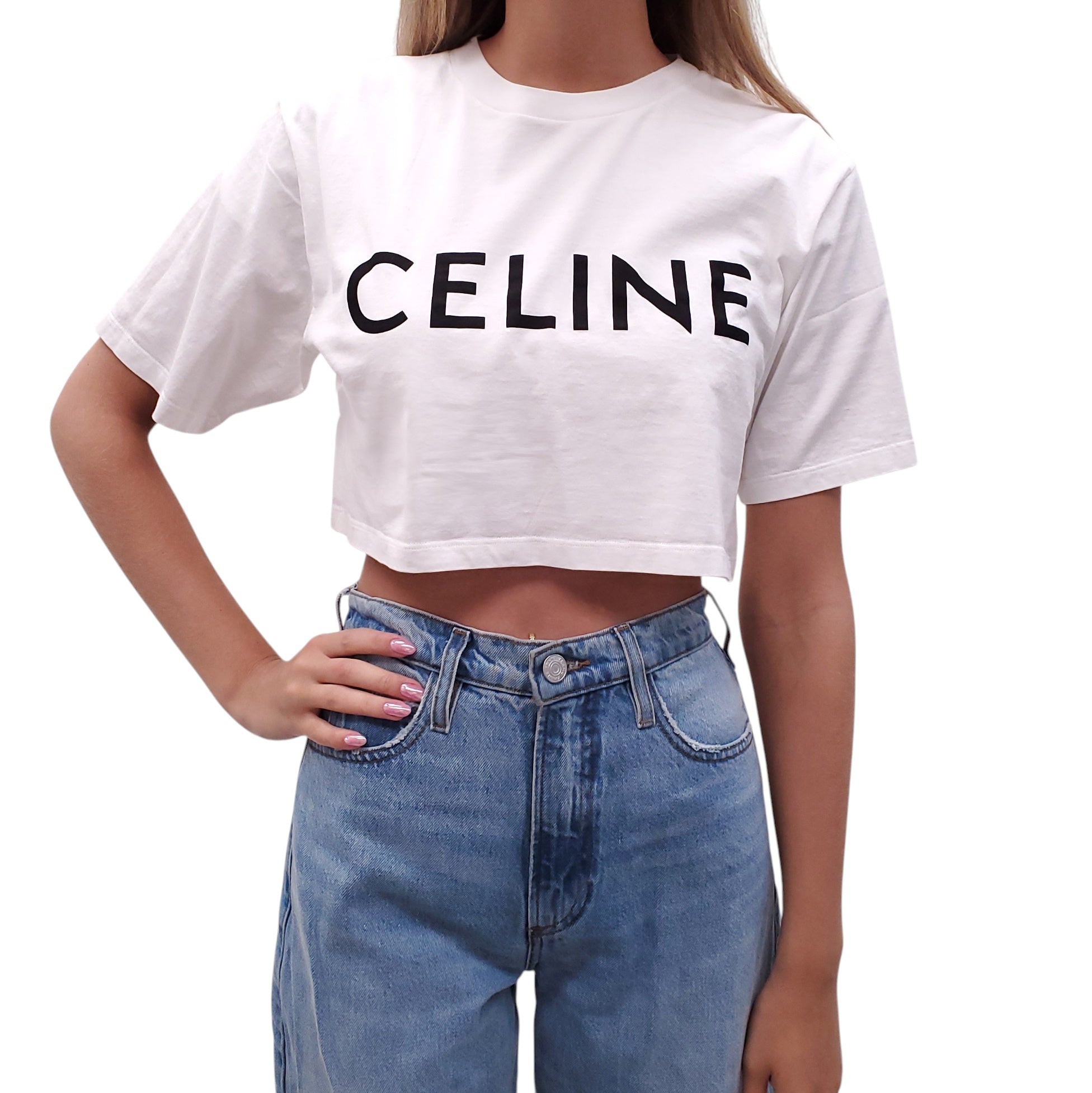 CELINE WHITE LOGO CROPPED T-SHIRT - SIZE S