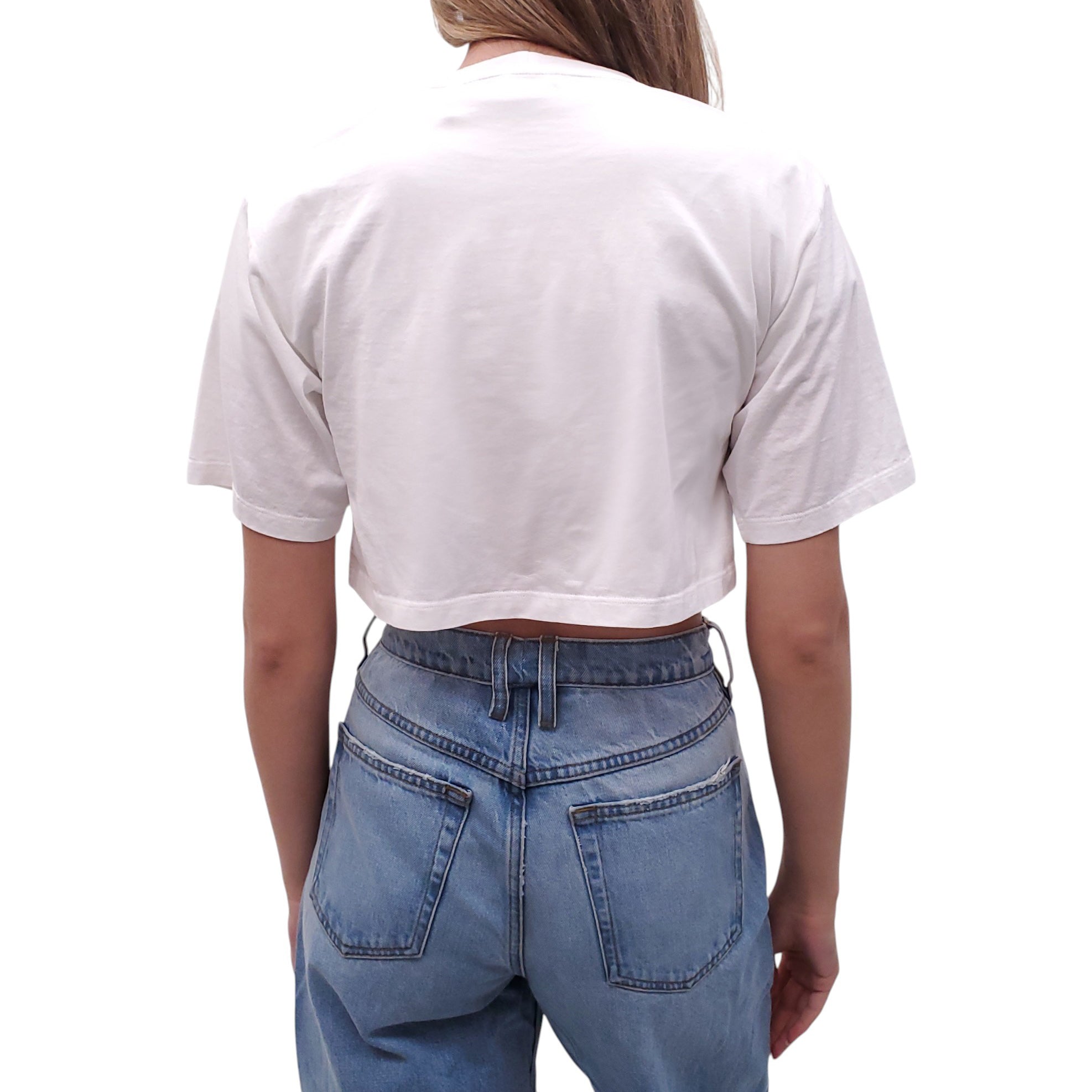 CELINE WHITE LOGO CROPPED T-SHIRT - SIZE S