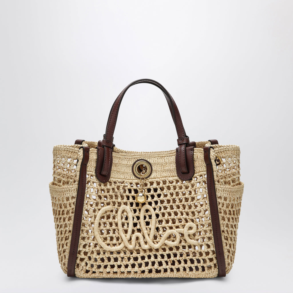 Chloe Iconic Tote Bag In Raffia And Leather, Hot Sand Women