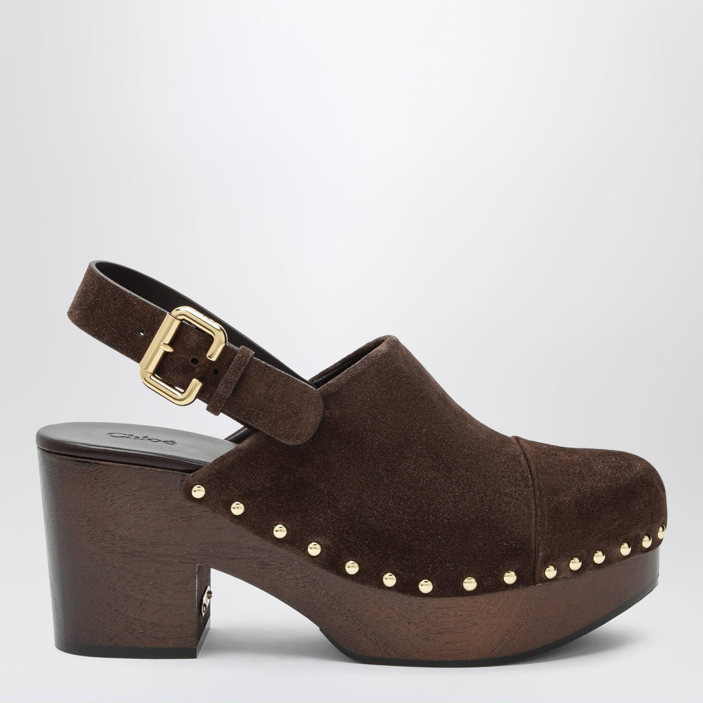 Chloe Jeannette Wedge Clogs In Suede Calfskin, Chocolate Brown Women