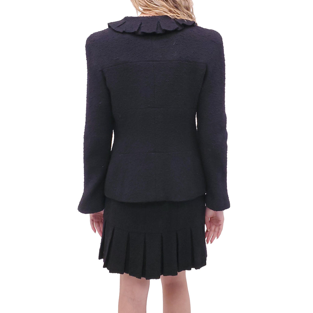 CHANEL 1997 BLACK TWEED SUIT WITH RUFFLE DETAIL - SIZE 38