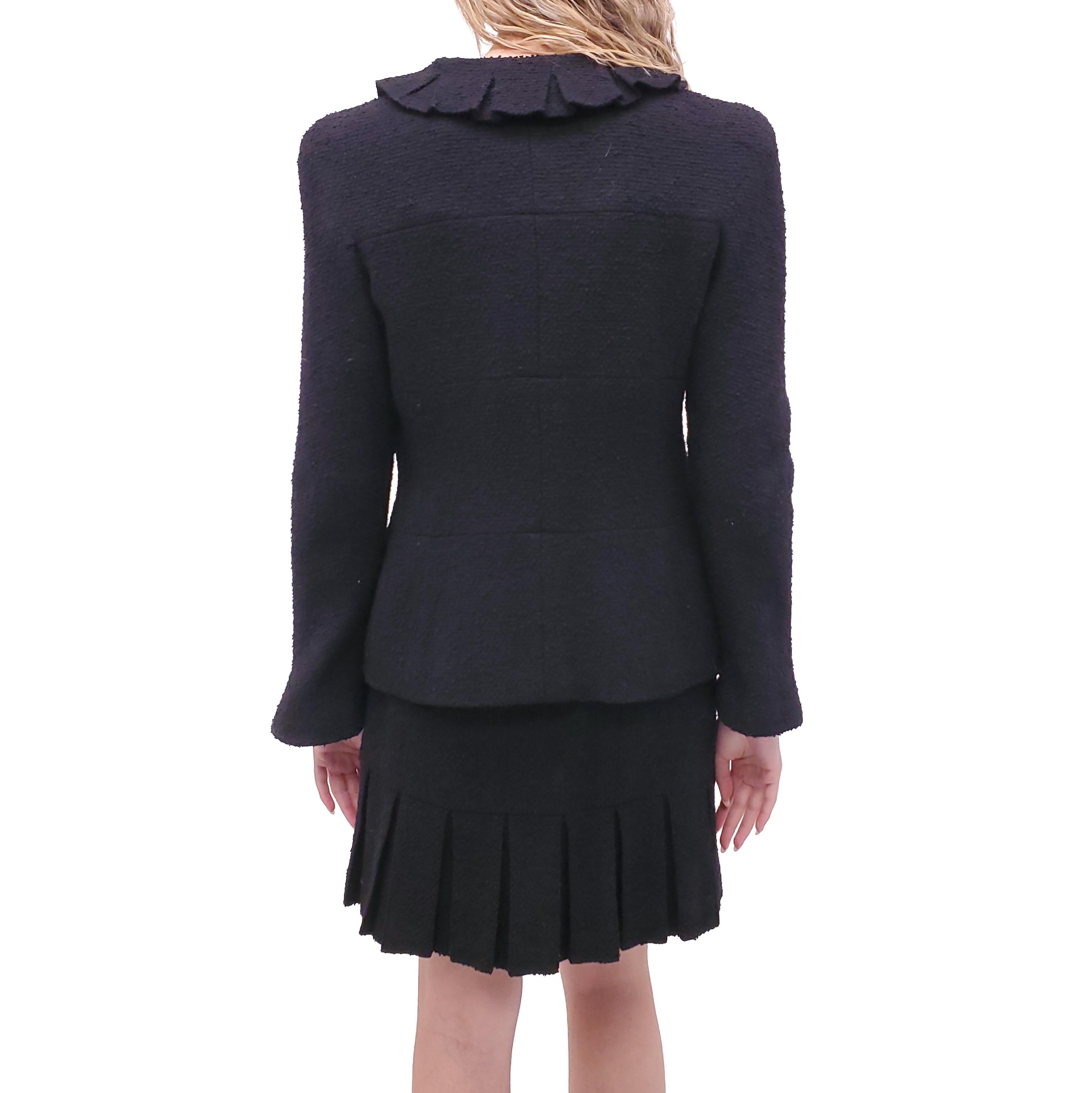 CHANEL 1997 BLACK TWEED SUIT WITH RUFFLE DETAIL - SIZE 38