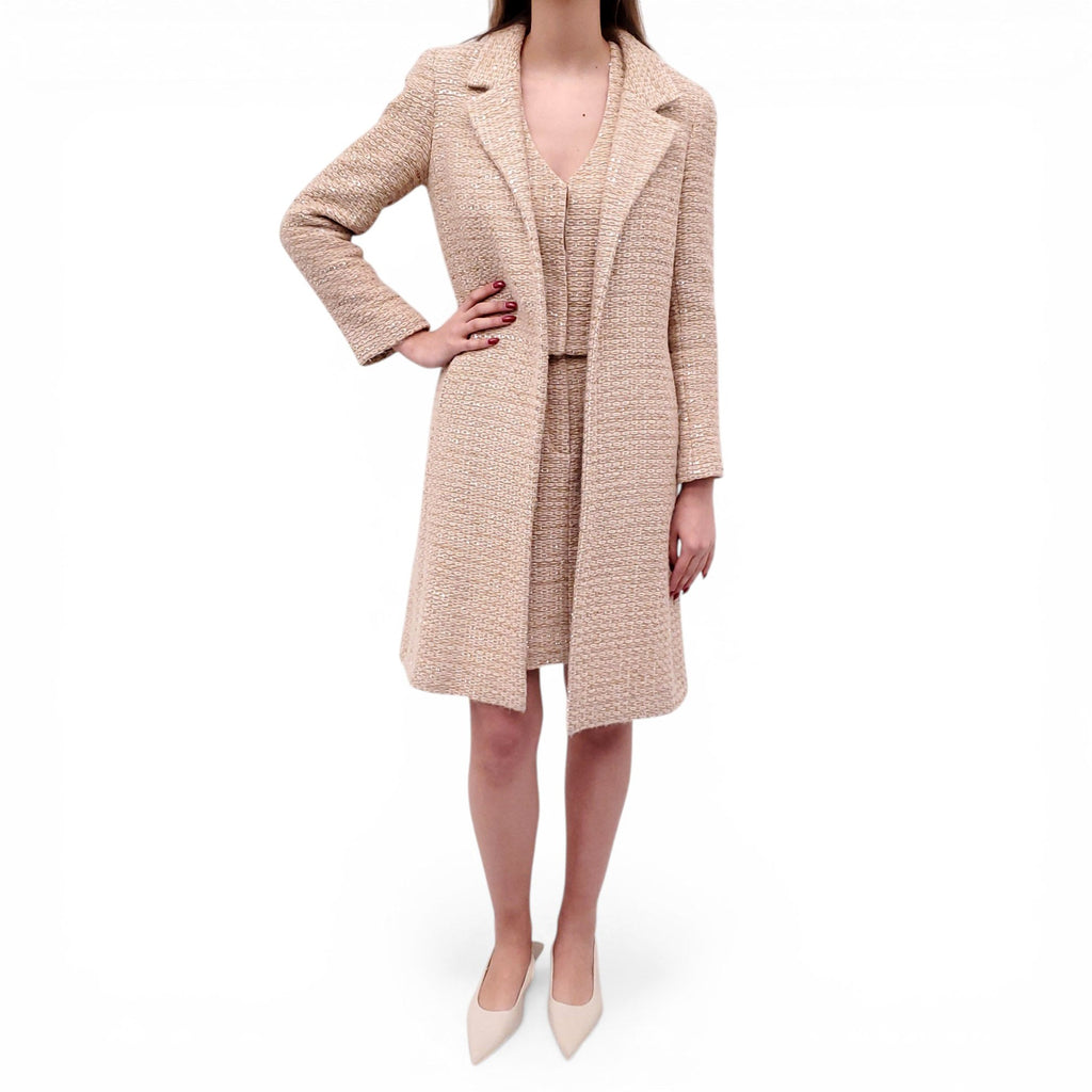 CHANEL 2000 TAN AND CREAM METALLIC SEQUIN THREE-PIECE SUIT - SIZE 36