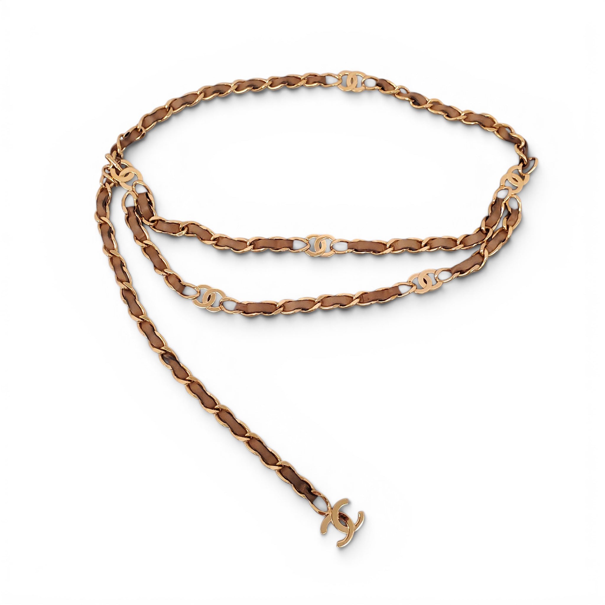 CHANEL 90'S GOLD PLATED CAMEL LEATHER CHAIN BELT WITH LOGO PENDANT