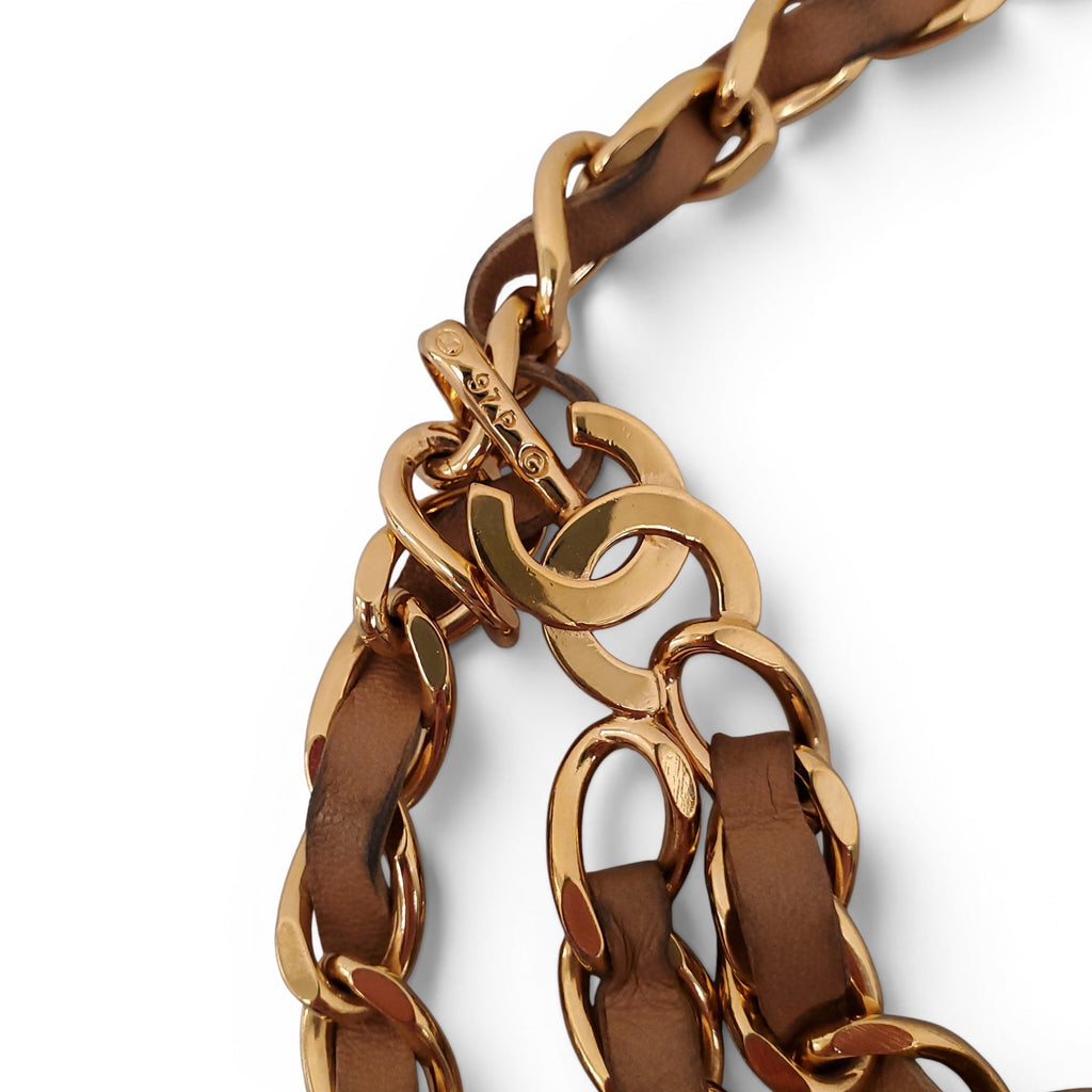 CHANEL 90'S GOLD PLATED CAMEL LEATHER CHAIN BELT WITH LOGO PENDANT