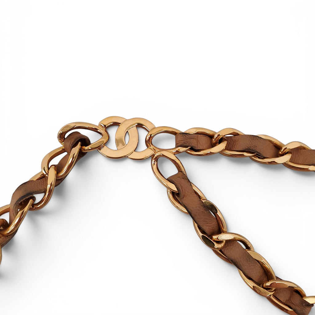 CHANEL 90'S GOLD PLATED CAMEL LEATHER CHAIN BELT WITH LOGO PENDANT