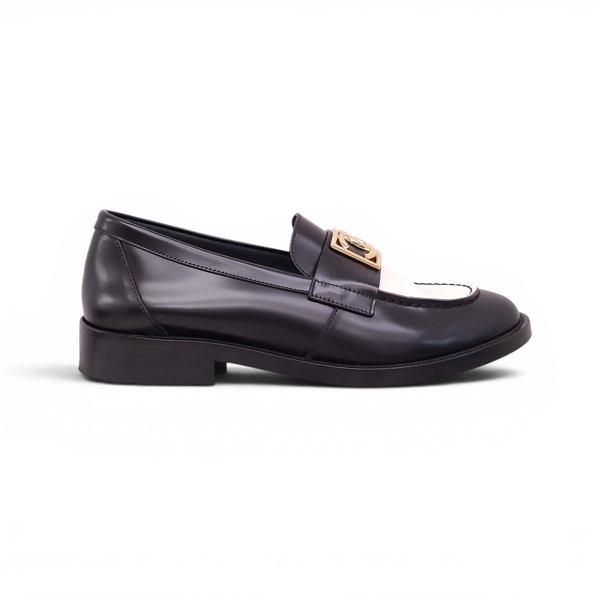 CHANEL BLACK AND WHITE LOAFERS WITH GOLD LOGO - SIZE 39.5C