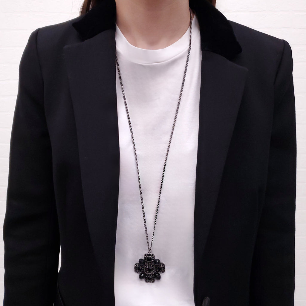 CHANEL BLACK CRYSTAL CROSS WITH LOGO