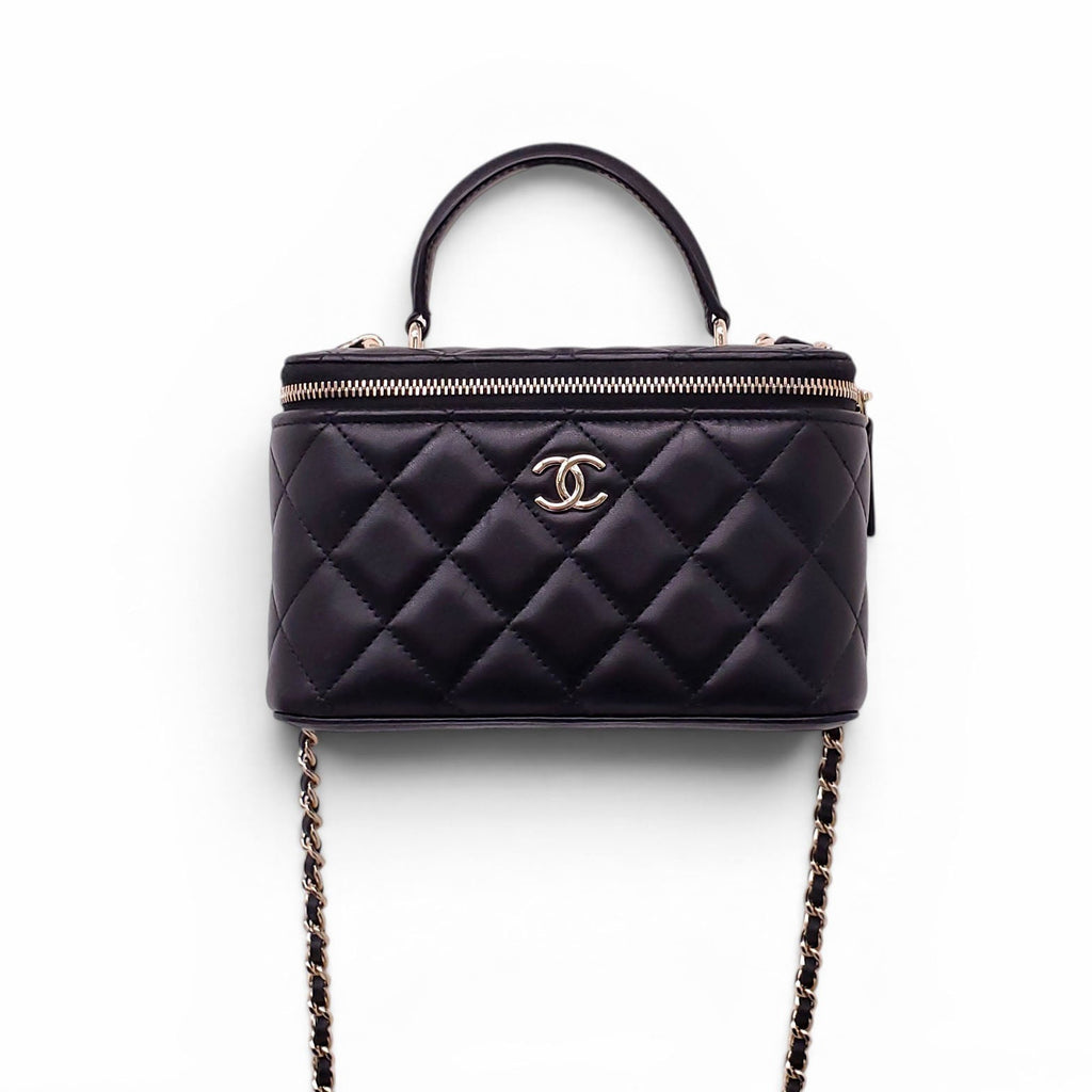 CHANEL BLACK LAMBSKIN QUILTED CC TOP HANDLE VANITY CASE CROSSBODY BAG