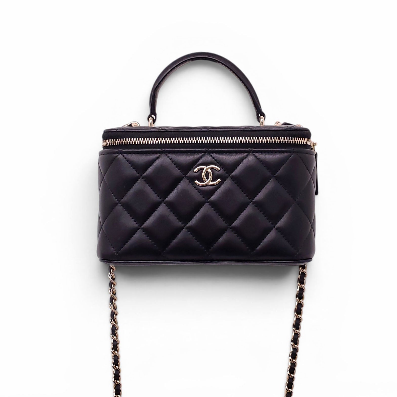 CHANEL BLACK LAMBSKIN QUILTED CC TOP HANDLE VANITY CASE CROSSBODY BAG