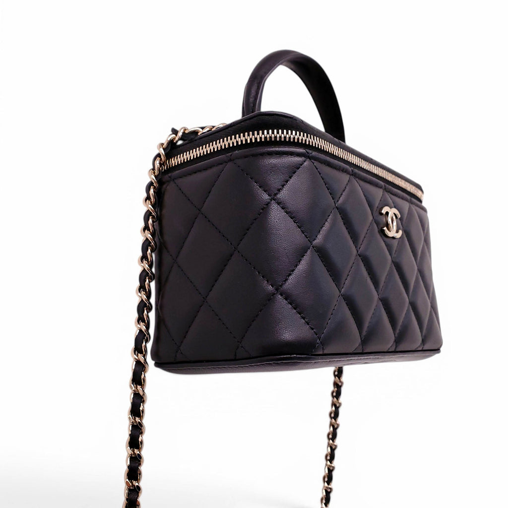 CHANEL BLACK LAMBSKIN QUILTED CC TOP HANDLE VANITY CASE CROSSBODY BAG