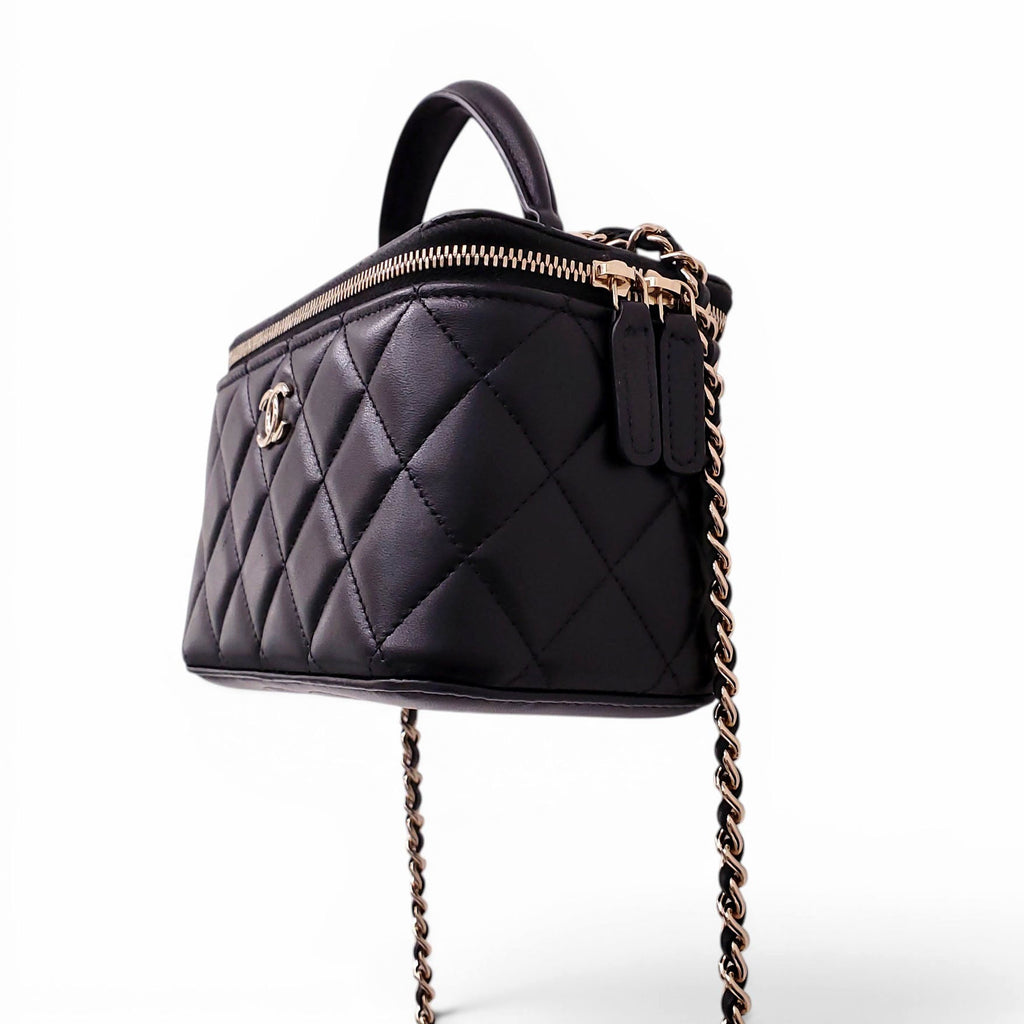 CHANEL BLACK LAMBSKIN QUILTED CC TOP HANDLE VANITY CASE CROSSBODY BAG