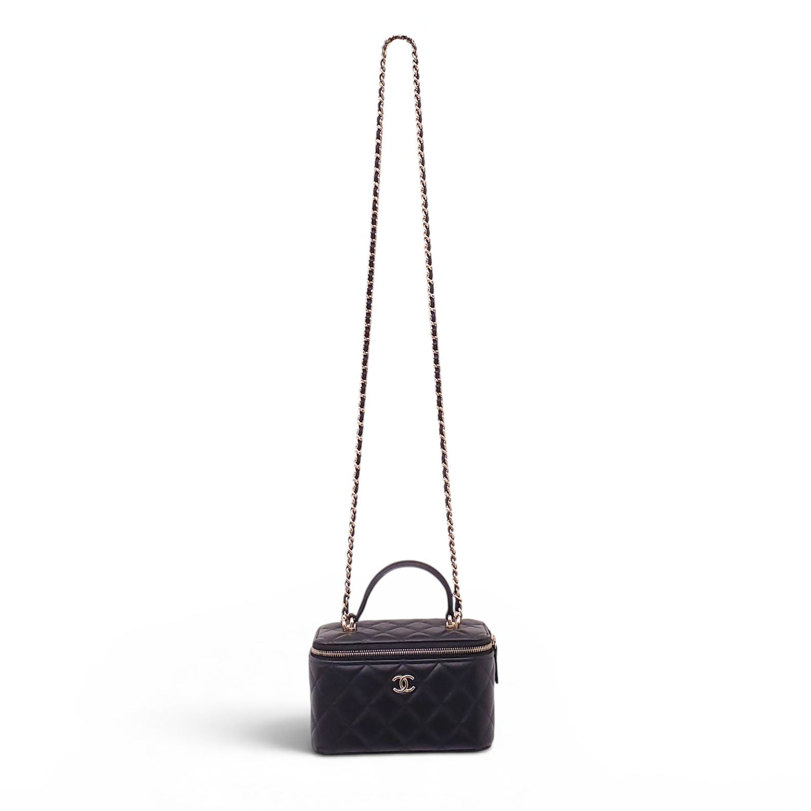 CHANEL BLACK LAMBSKIN QUILTED CC TOP HANDLE VANITY CASE CROSSBODY BAG