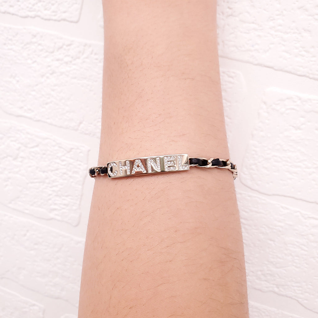 CHANEL BLACK LEATHER CHAIN LOGO ID BRACELET WITH CRYSTALS