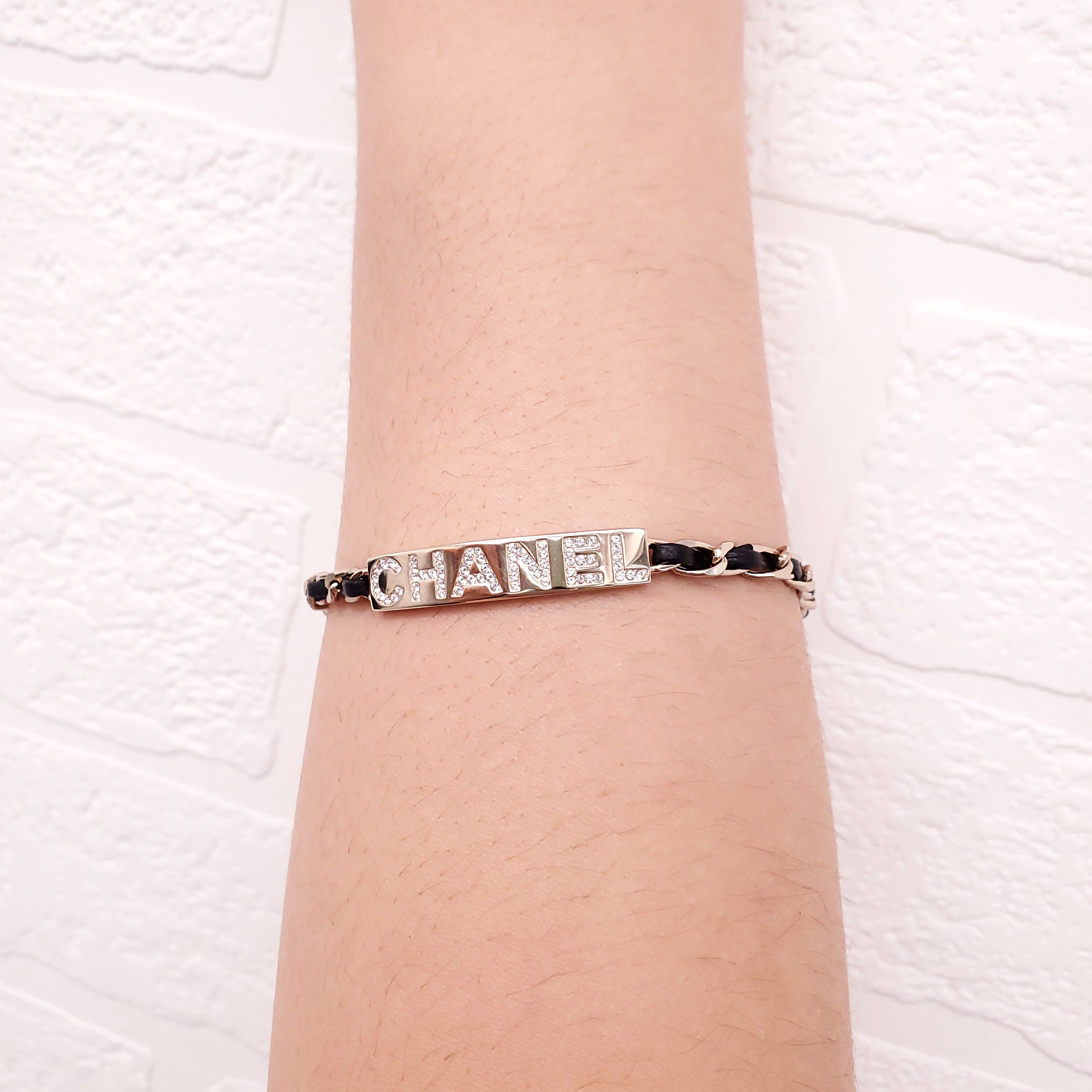 CHANEL BLACK LEATHER CHAIN LOGO ID BRACELET WITH CRYSTALS