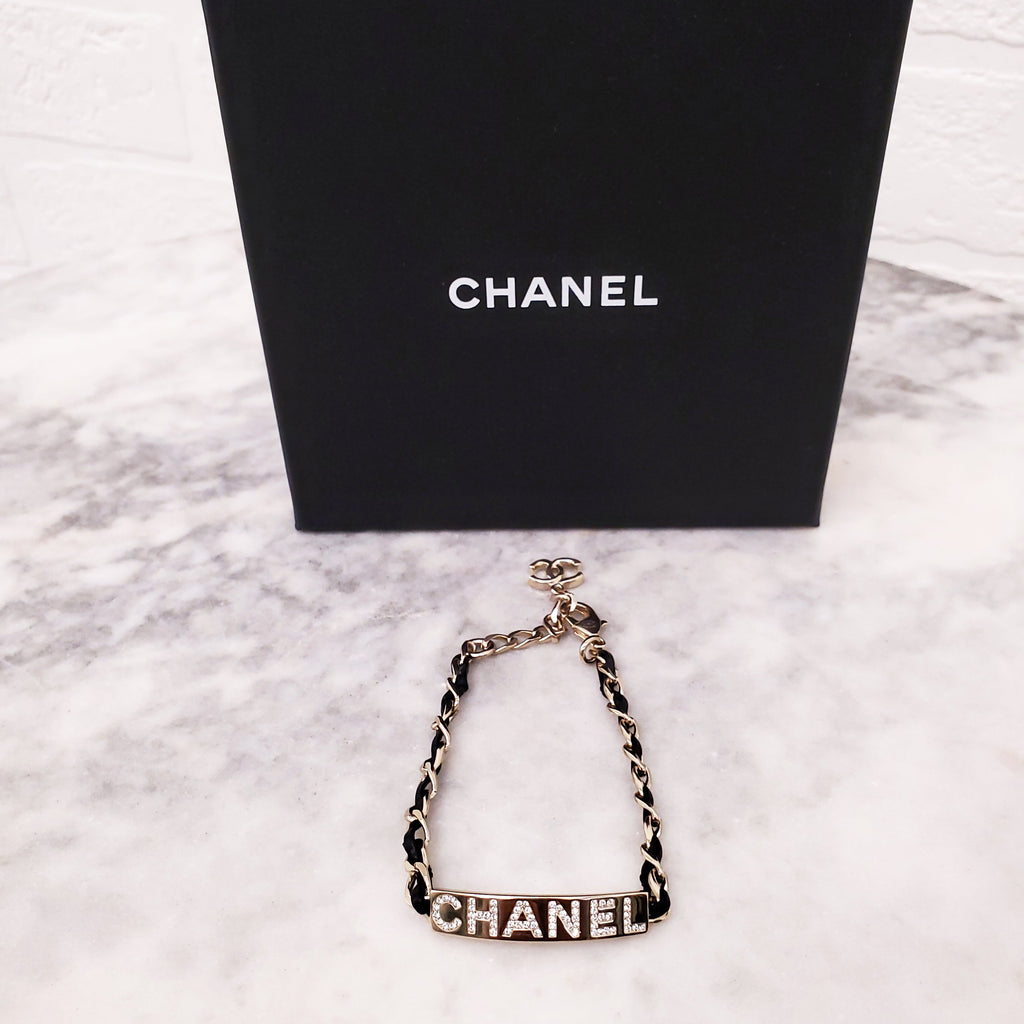 CHANEL BLACK LEATHER CHAIN LOGO ID BRACELET WITH CRYSTALS