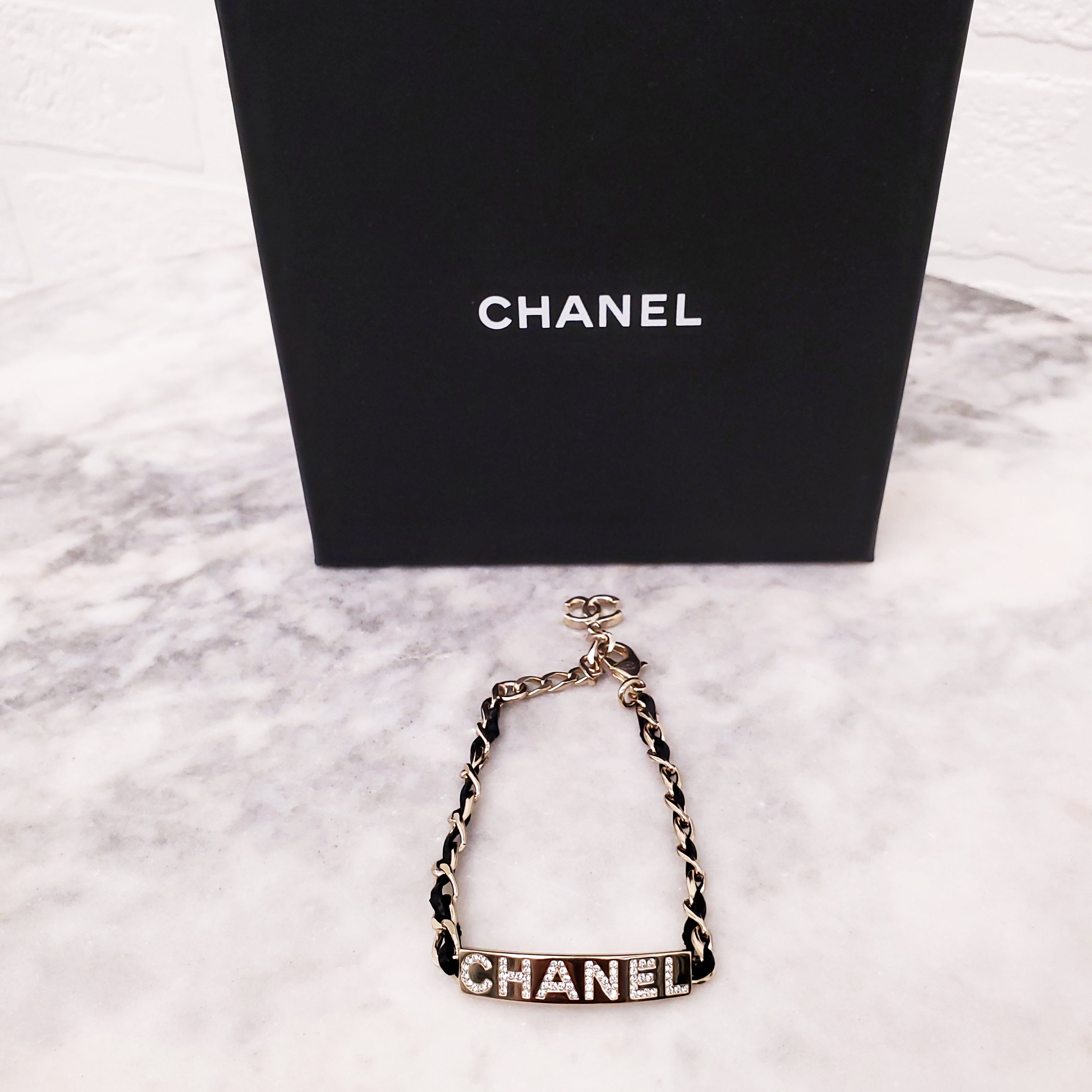 CHANEL BLACK LEATHER CHAIN LOGO ID BRACELET WITH CRYSTALS