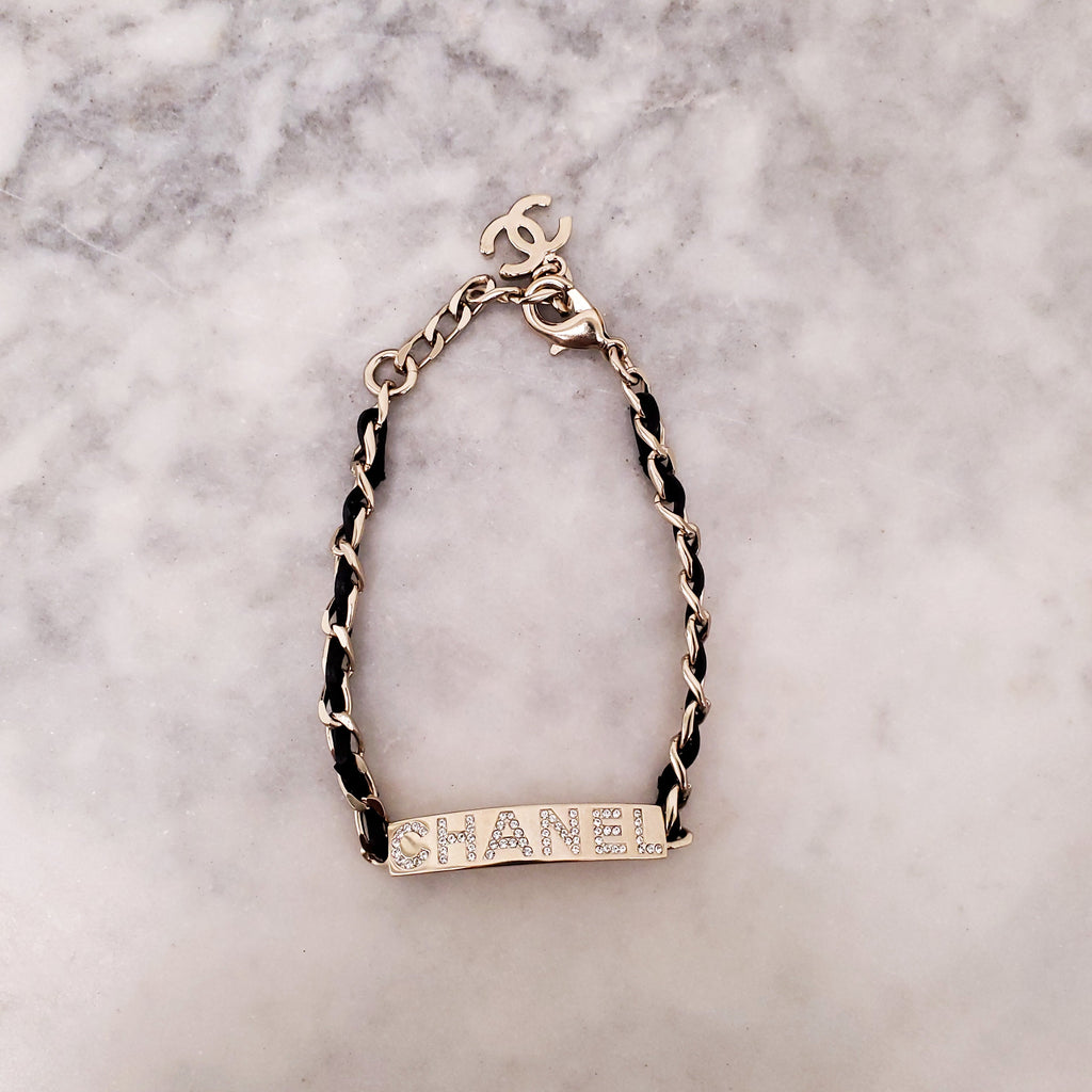 CHANEL BLACK LEATHER CHAIN LOGO ID BRACELET WITH CRYSTALS