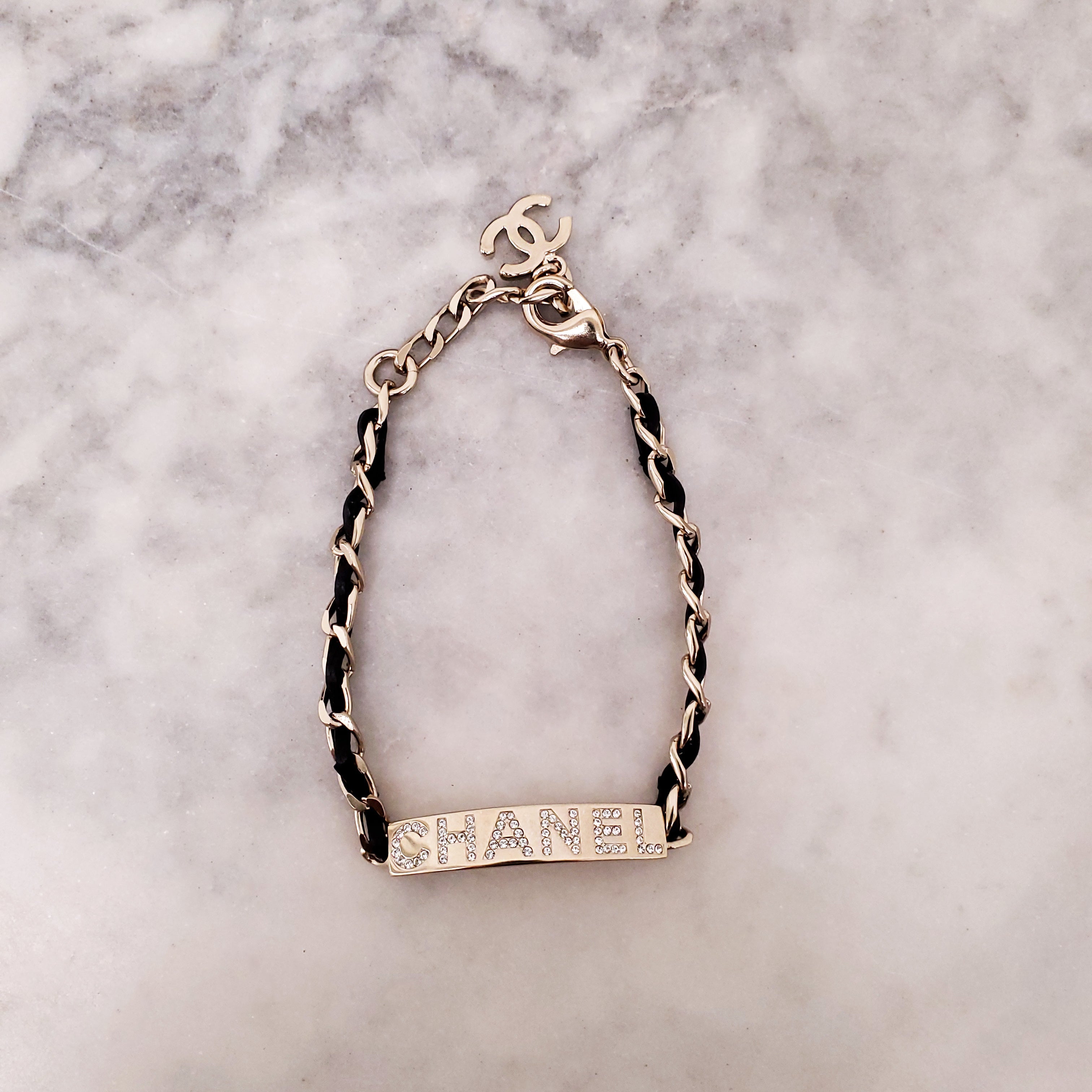 CHANEL BLACK LEATHER CHAIN LOGO ID BRACELET WITH CRYSTALS