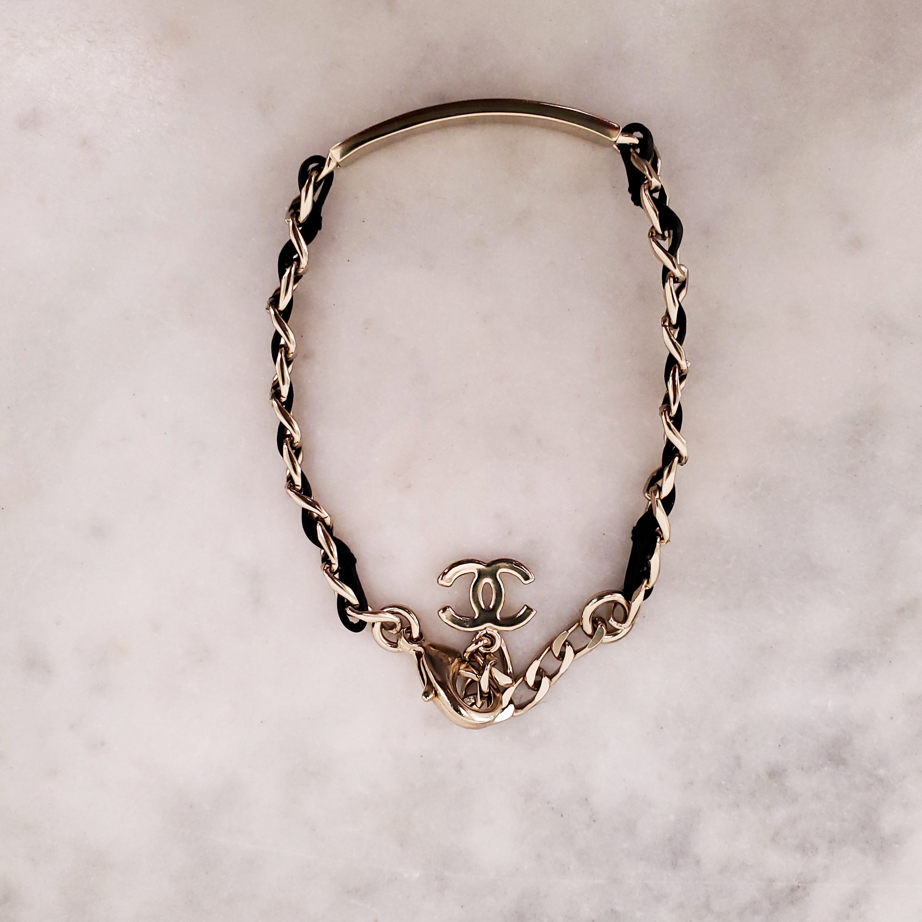 CHANEL BLACK LEATHER CHAIN LOGO ID BRACELET WITH CRYSTALS