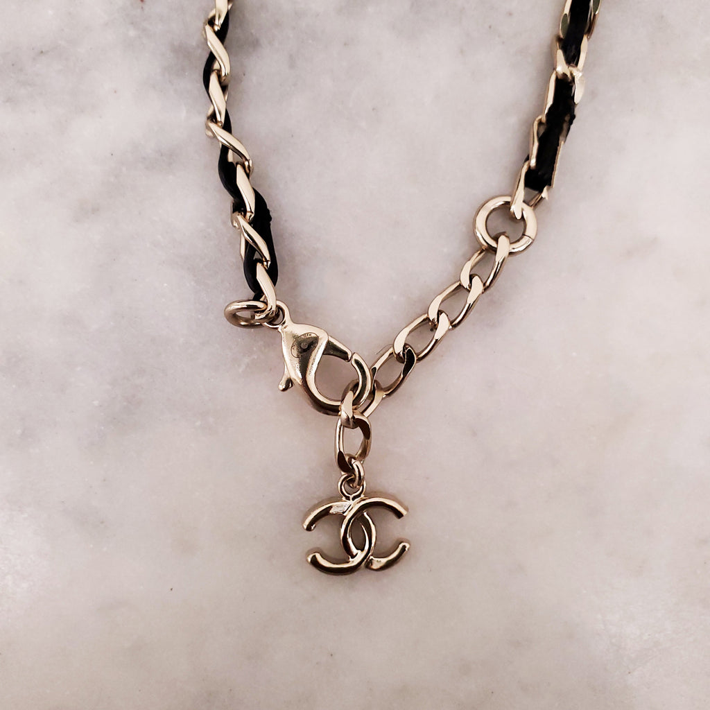 CHANEL BLACK LEATHER CHAIN LOGO ID BRACELET WITH CRYSTALS
