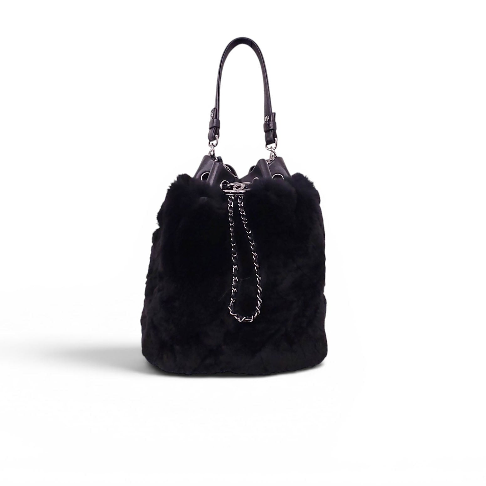 CHANEL BLACK ORYLAG MINK DRAWSTRING BUCKET BAG