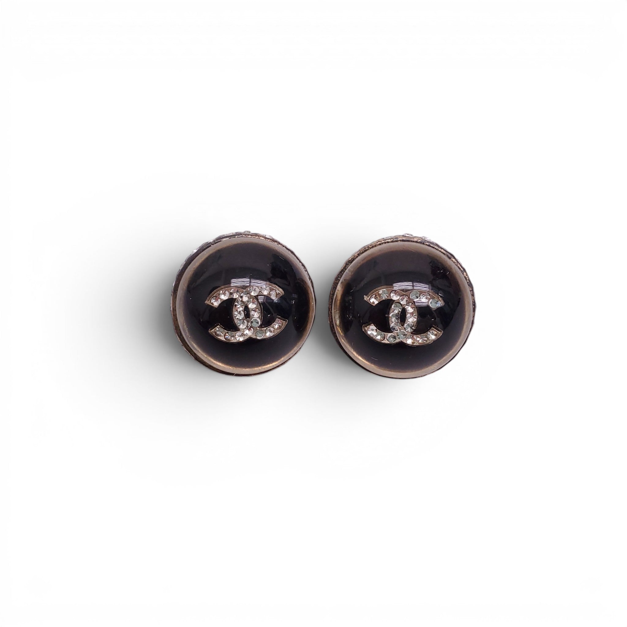 CHANEL BLACK RESIN CRYSTAL LOGO EARRINGS