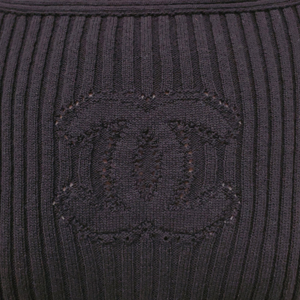 CHANEL BLACK RIBBED LONG SLEEVE LOGO DRESS WITH GOLD LOGO BUTTONS - SIZE 40