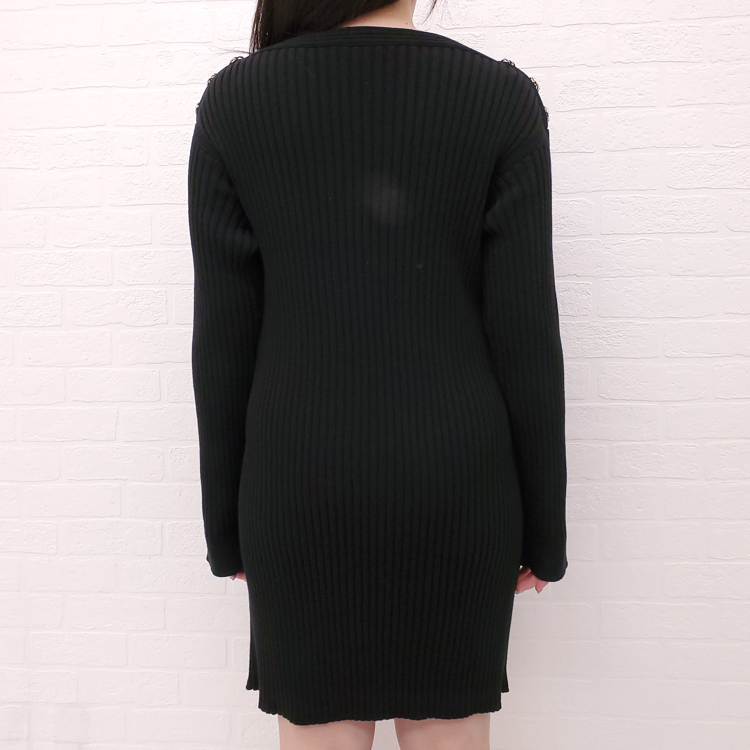 CHANEL BLACK RIBBED LONG SLEEVE LOGO DRESS WITH GOLD LOGO BUTTONS - SIZE 40