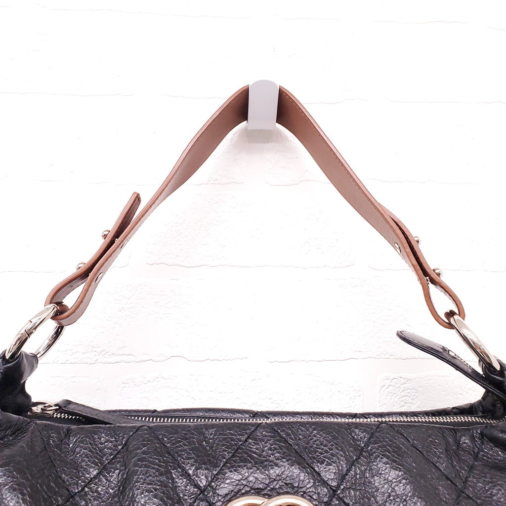 CHANEL BLACK SHOULDER BAG WITH BROWN SHOULDER STRAP