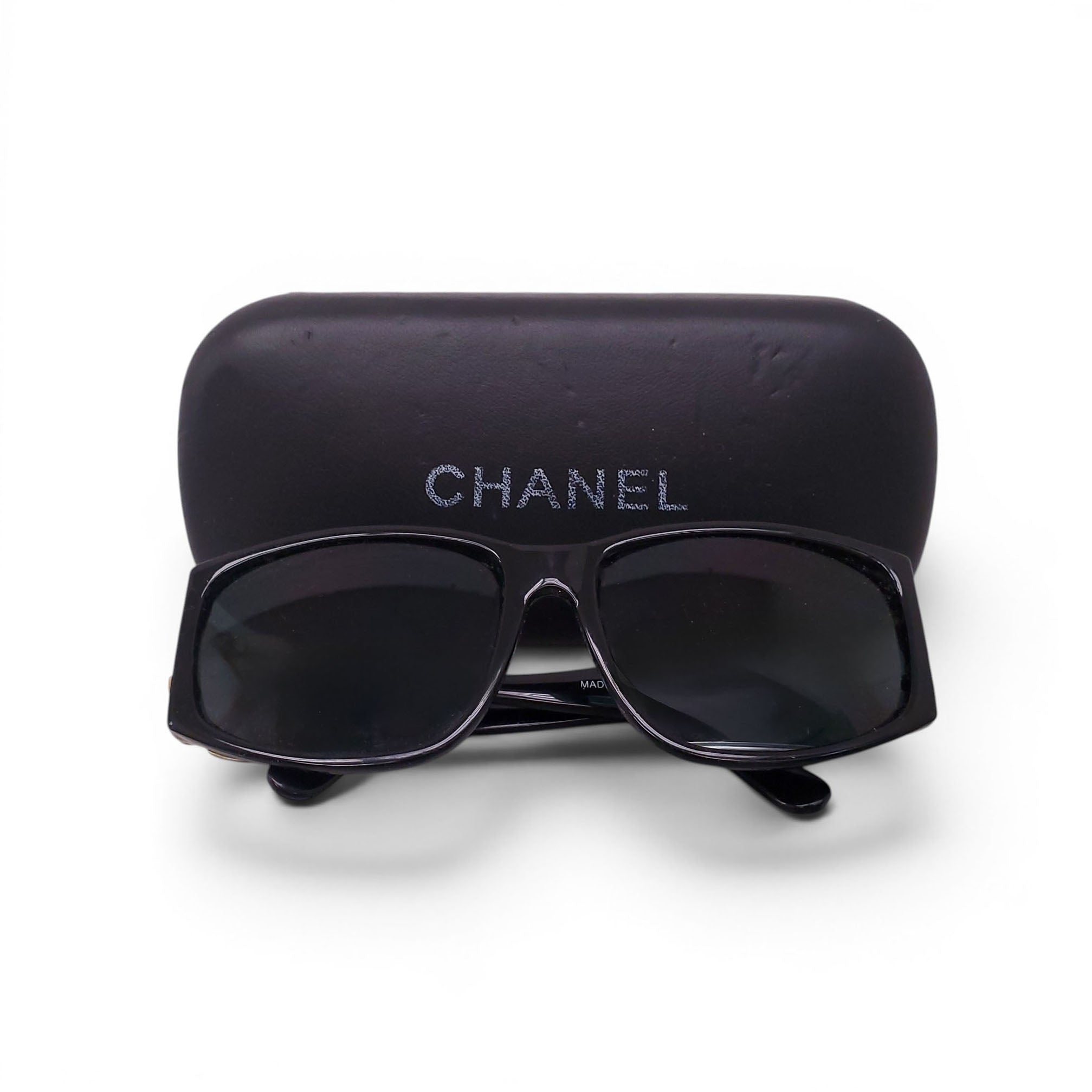 CHANEL BLACK SQUARE SUNGLASSES WITH CRYSTAL LOGO