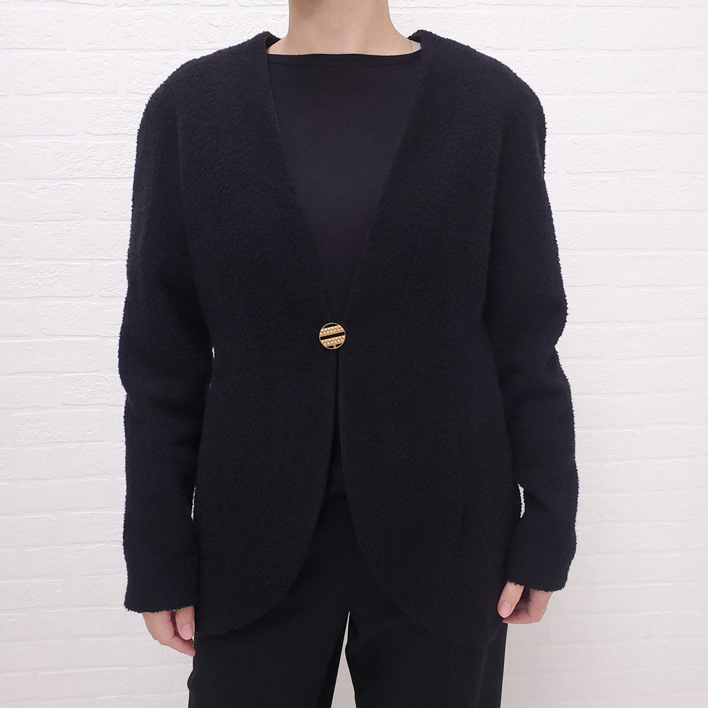 CHANEL BLACK TWEED JACKET WITH CC LOGO - SIZE 42