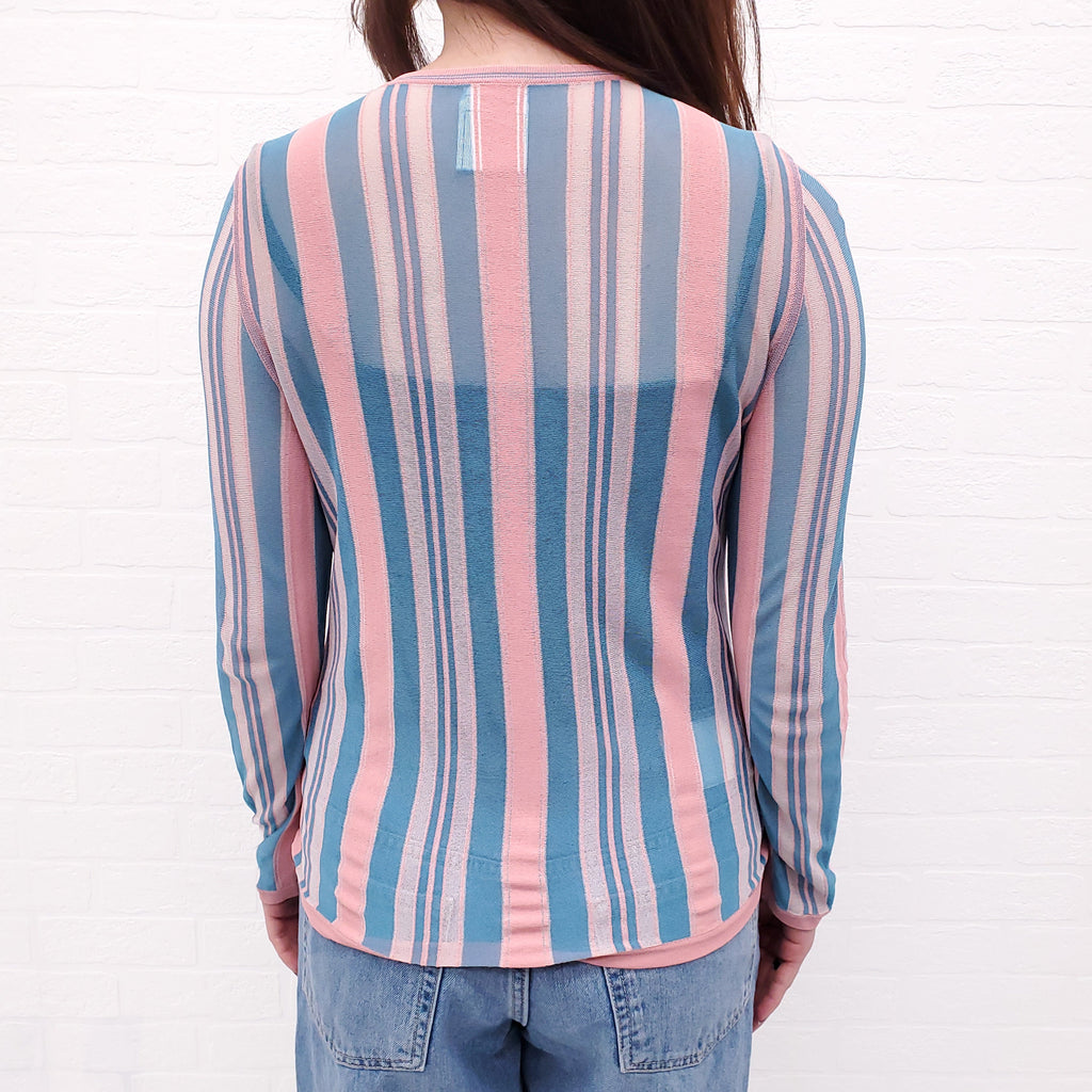 CHANEL BLUE AND PINK STRIPE CARDIGAN - SIZE 36