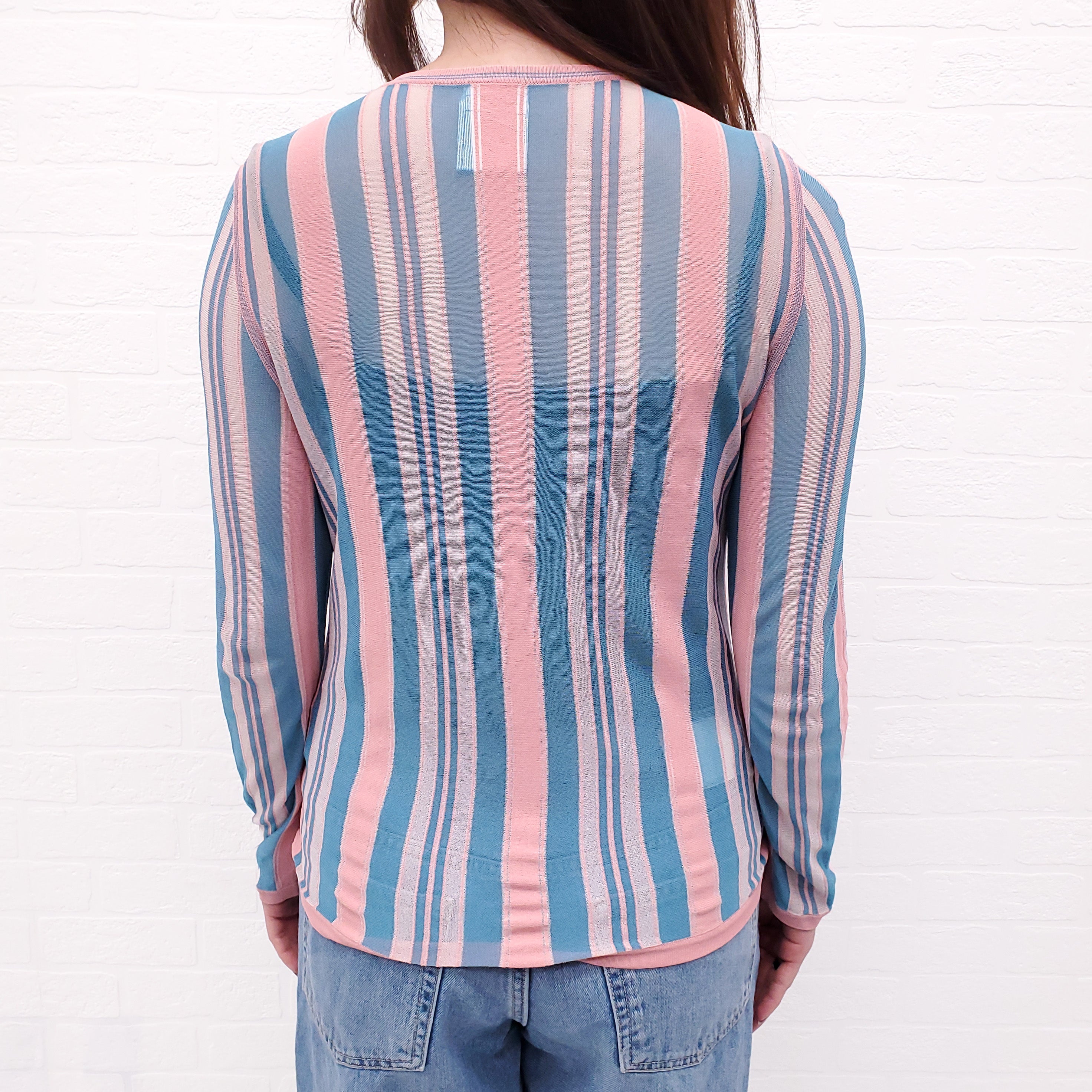 CHANEL BLUE AND PINK STRIPE CARDIGAN - SIZE 36