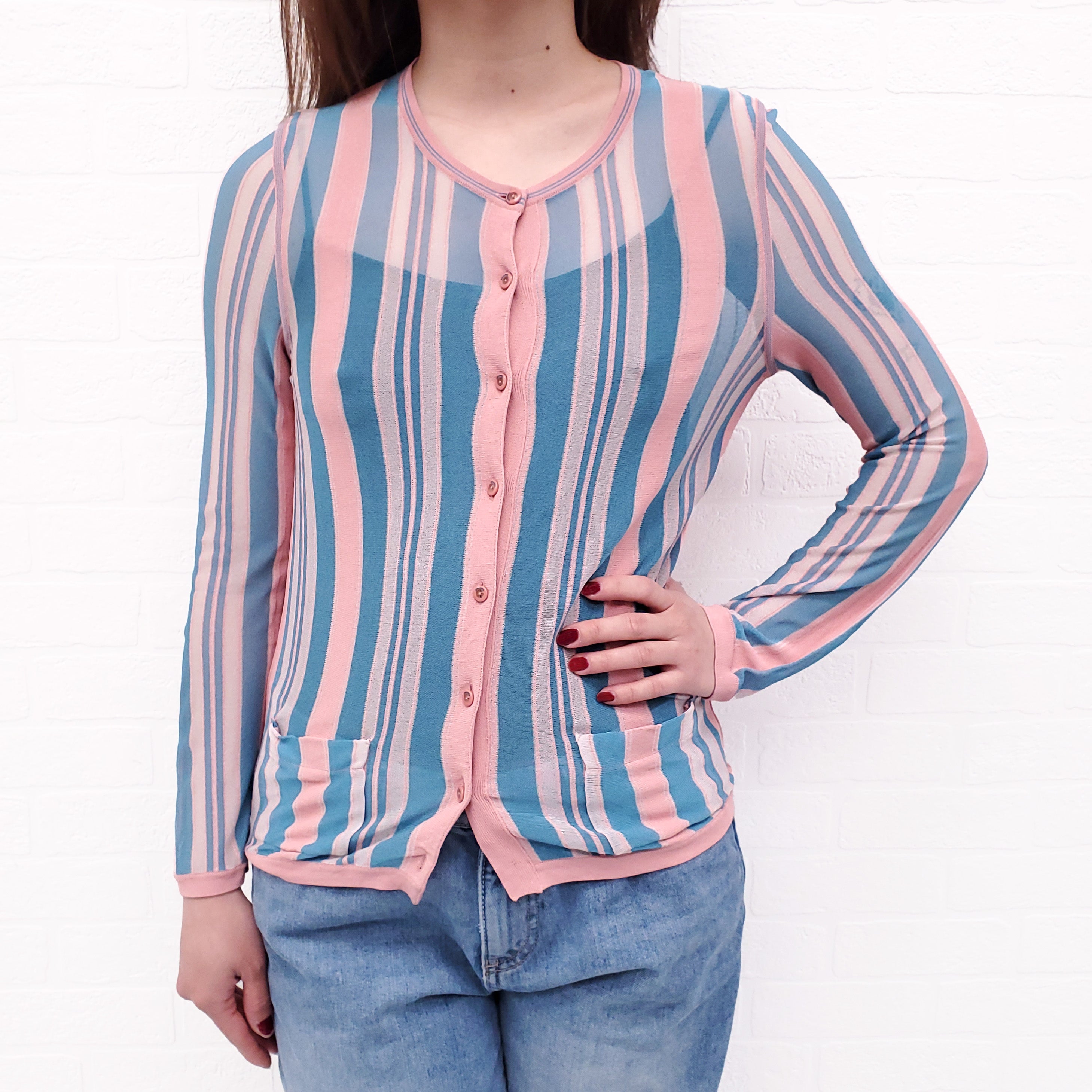 CHANEL BLUE AND PINK STRIPE CARDIGAN - SIZE 36
