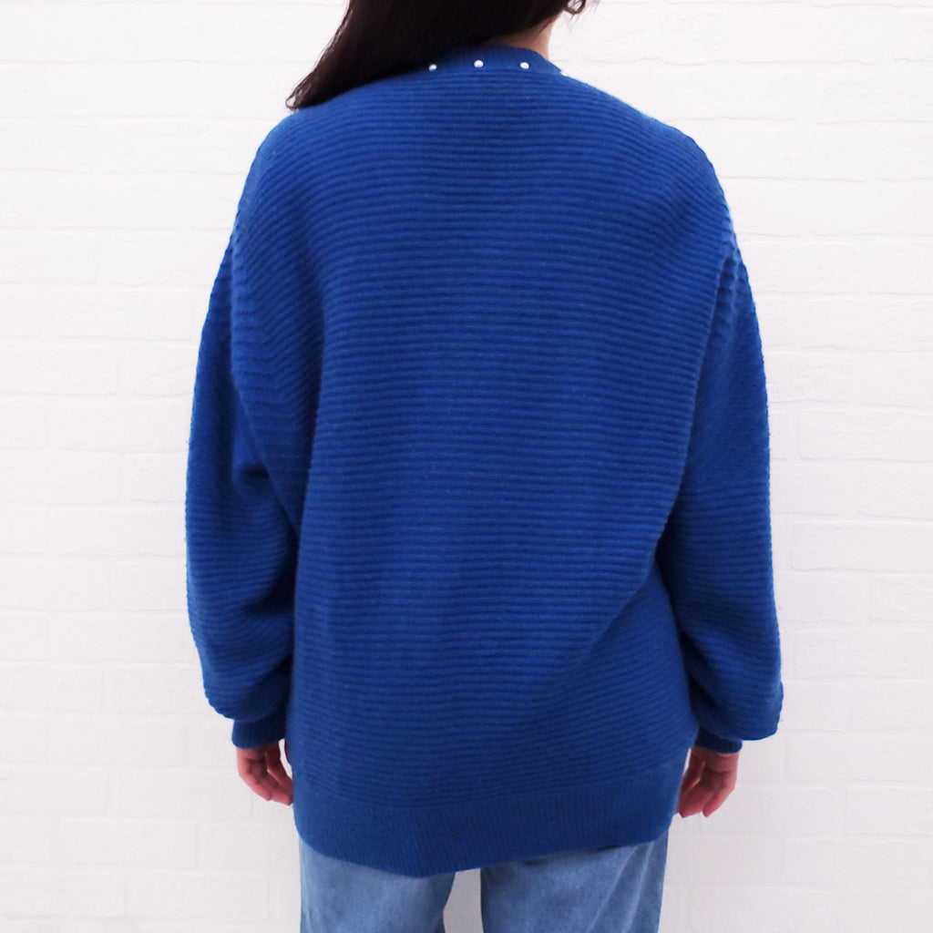 CHANEL BLUE CARDIGAN WITH PEARL DETAIL - SIZE 38