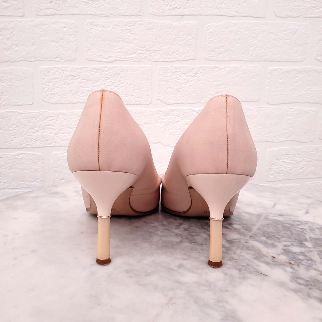 CHANEL BLUSH PINK SUEDE HEELS WITH PEARL LOGO - SIZE 38.5