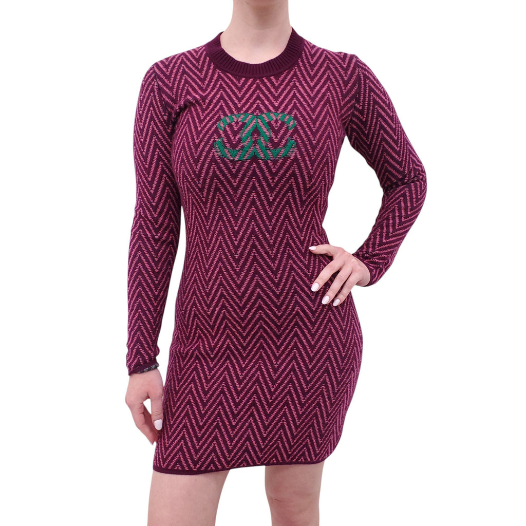 CHANEL BURGUNDY CHEVRON LOGO SWEATER DRESS - SIZE 34