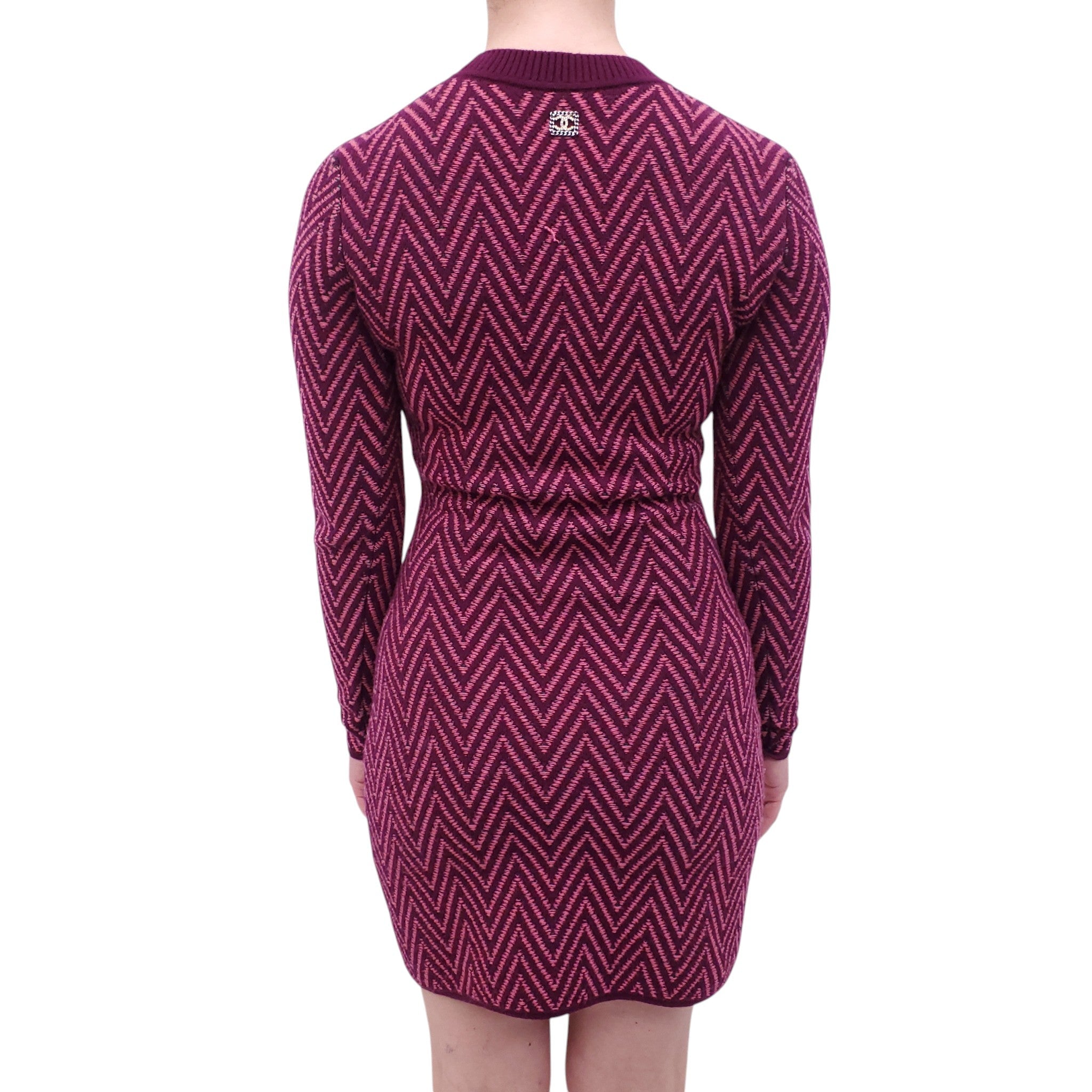 CHANEL BURGUNDY CHEVRON LOGO SWEATER DRESS - SIZE 34