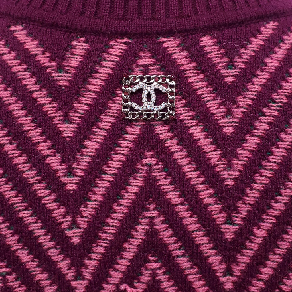 CHANEL BURGUNDY CHEVRON LOGO SWEATER DRESS - SIZE 34
