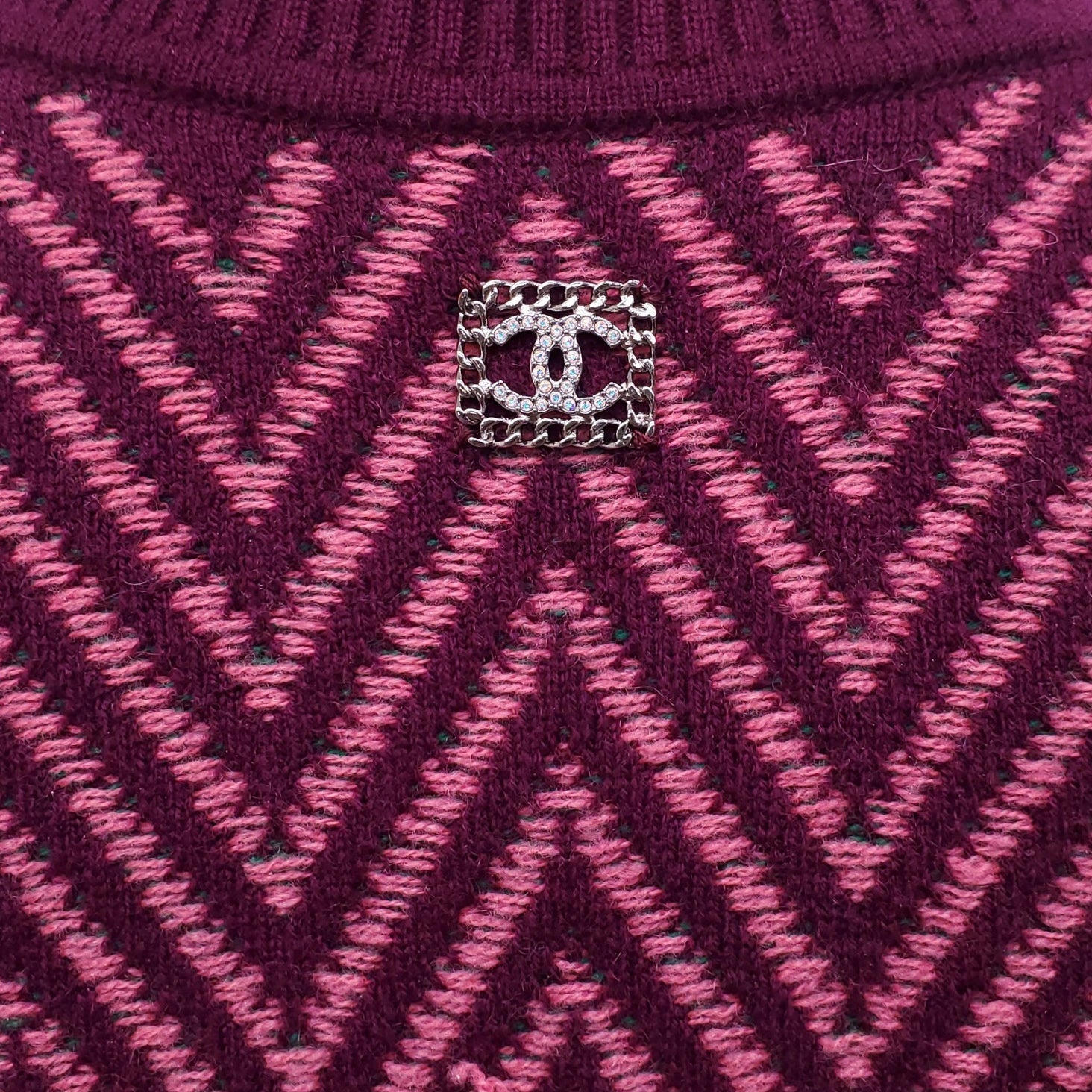 CHANEL BURGUNDY CHEVRON LOGO SWEATER DRESS - SIZE 34