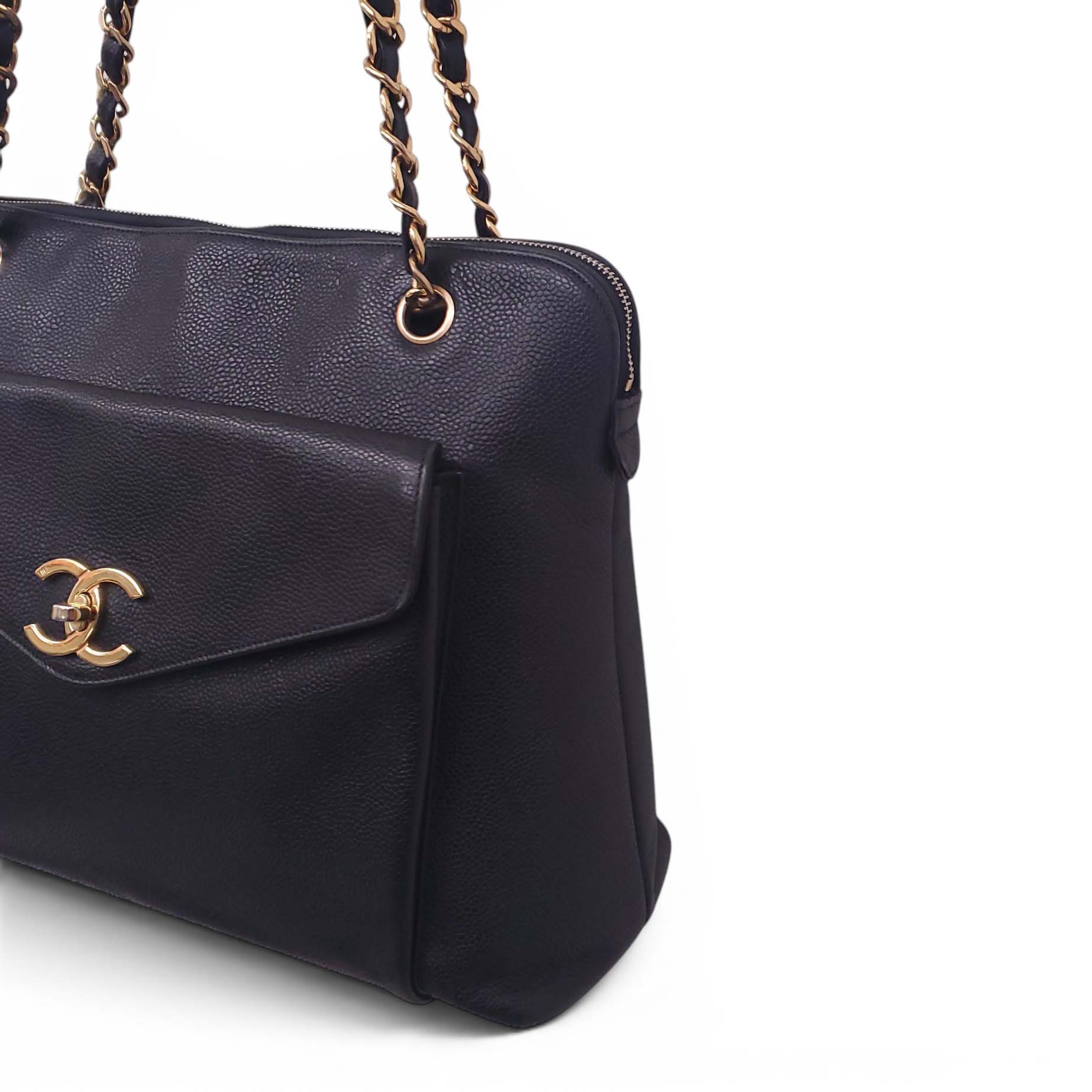 CHANEL CAVIAR LEATHER COCO MARK TURNLOCK CHAIN TOTE BAG